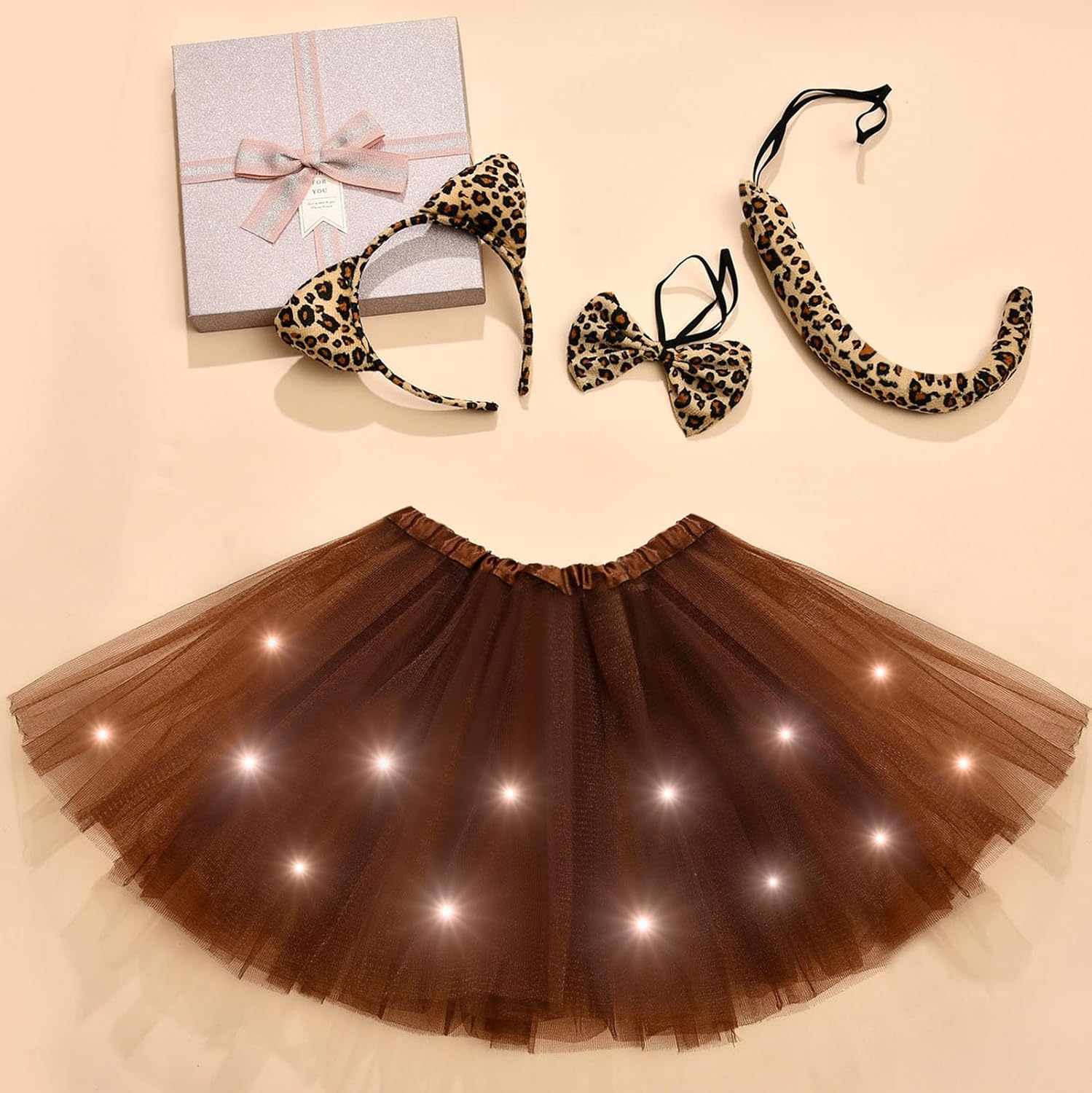 G.C Kids Light Up Leopard Costume Girls Leopard Ears Headband Tail Bow Tie Tutu Skirt Accessories Animal Costumes Halloween Cosplay Birthday Gifts - Image 7
