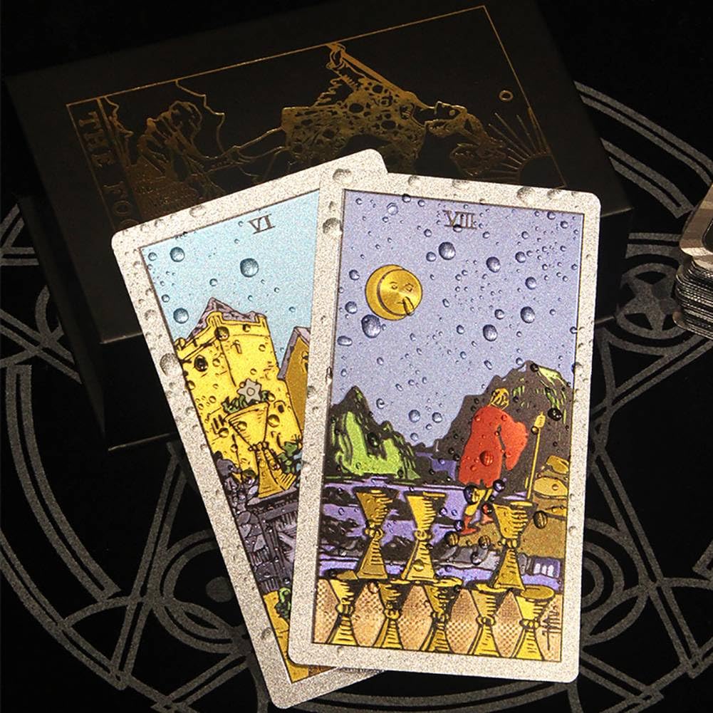 Générique Gold Foil Tarot, Version Anglaise des Outils de Divination, Cartes de Jeu de société de Divertissement Familial, charmants Decks Premium Gold Foil Tarot, Hexagonal Silver,12 * 7cm