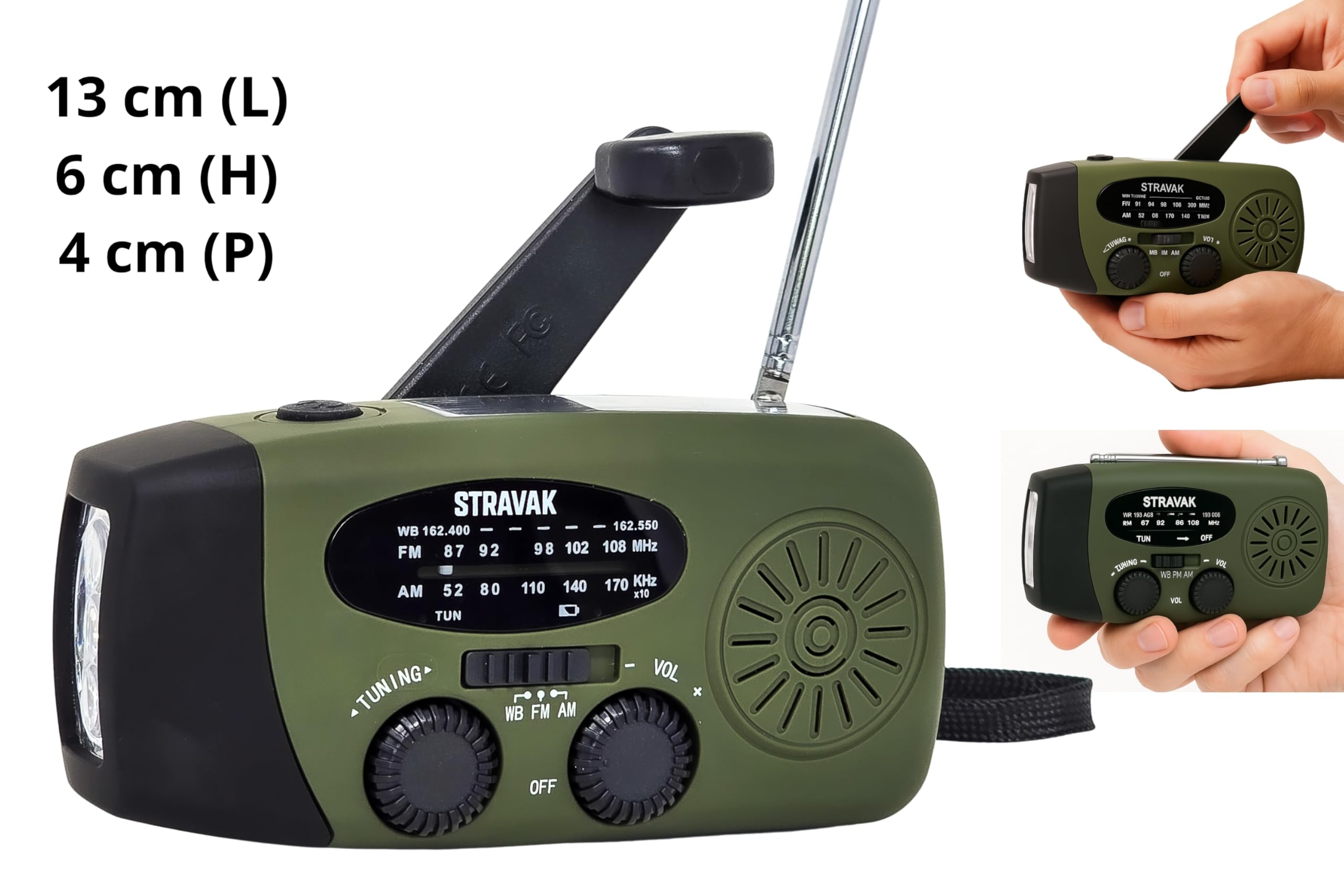 Radio di emergenza solare a manovella con torcia LED, power bank USB-C 2000 mAh e sirena SOS