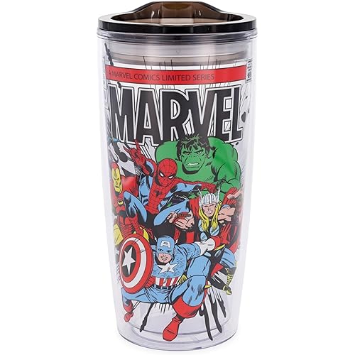 Silver Buffalo Marvel Avengers Featuring Spider-Man, Captain America, Thor, Hulk, and Iron Man Double Wall Travel Tumbler with Slide Close Lid, 20 Ounces