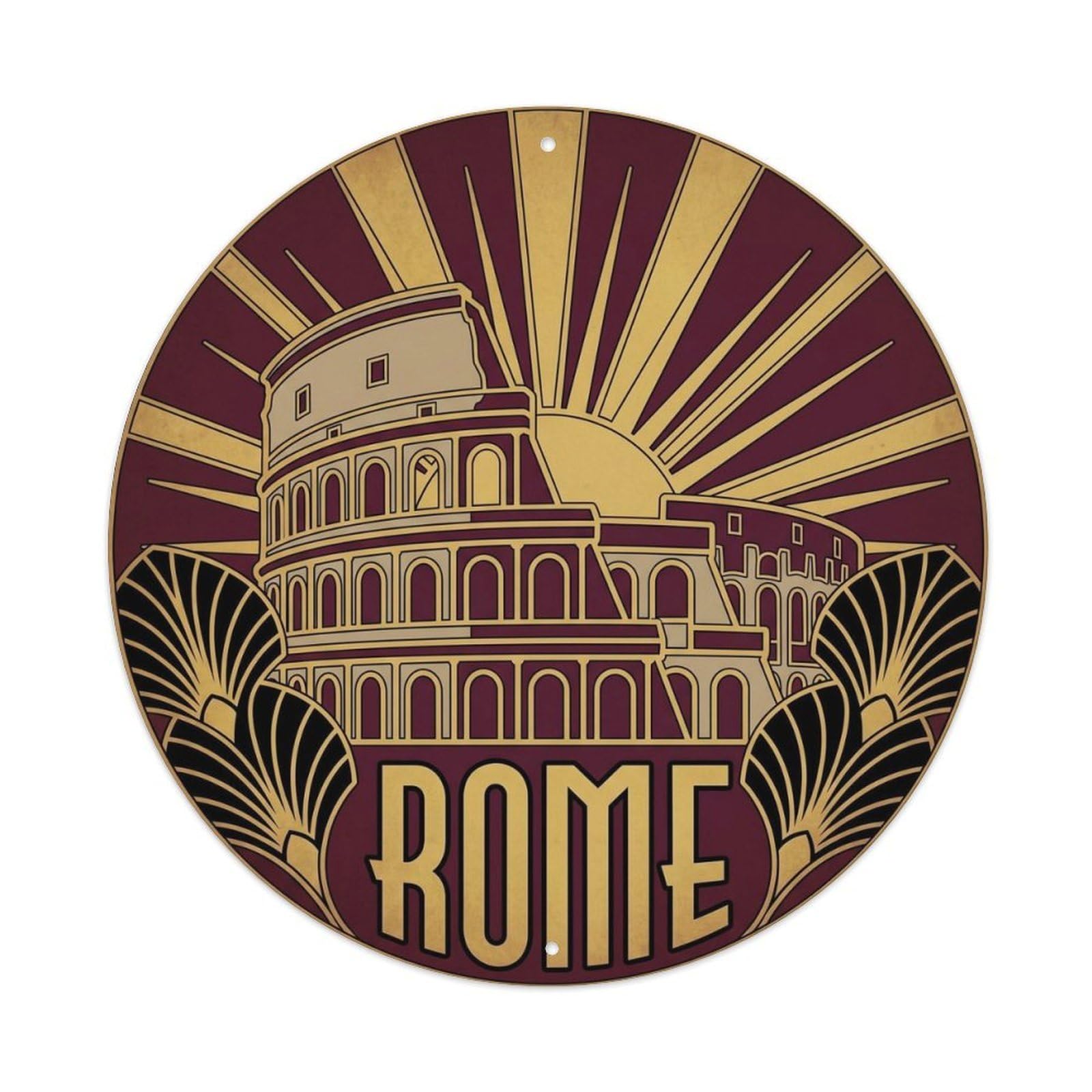 Rome Deco Style Cityscape Vintage Travel Colosseum Landmark Metal Tin Sign Plaque Wall Decor for Cafe, Man Cave, Club Bar, Office, Home Garden Round Metal Poster 8x8Inch