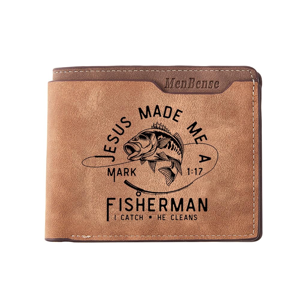 Kasutoo Men's PU Wallet Multiple Card Slots, Id Window with Laser Engraving Pattern (Jesus Made Me a Marked Fisherman)