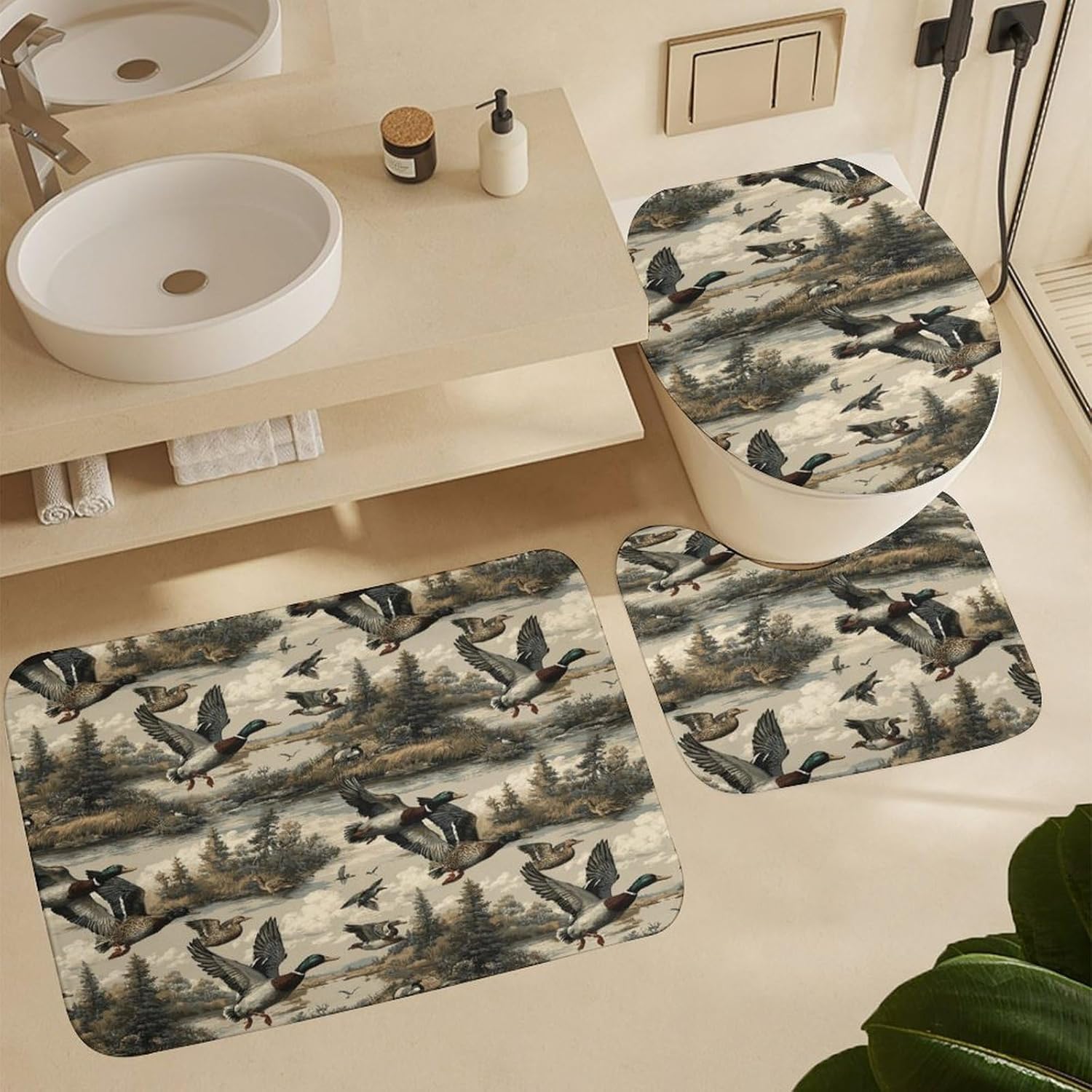 4PCS Shower Curtain with Bathroom Sets and Rugs Decor Duck Hunter Camouflage Shower Curtain Sets with Non-Slip Rug Toilet Lid Cover U-Shaped Mat with Hooks 72"x72"
