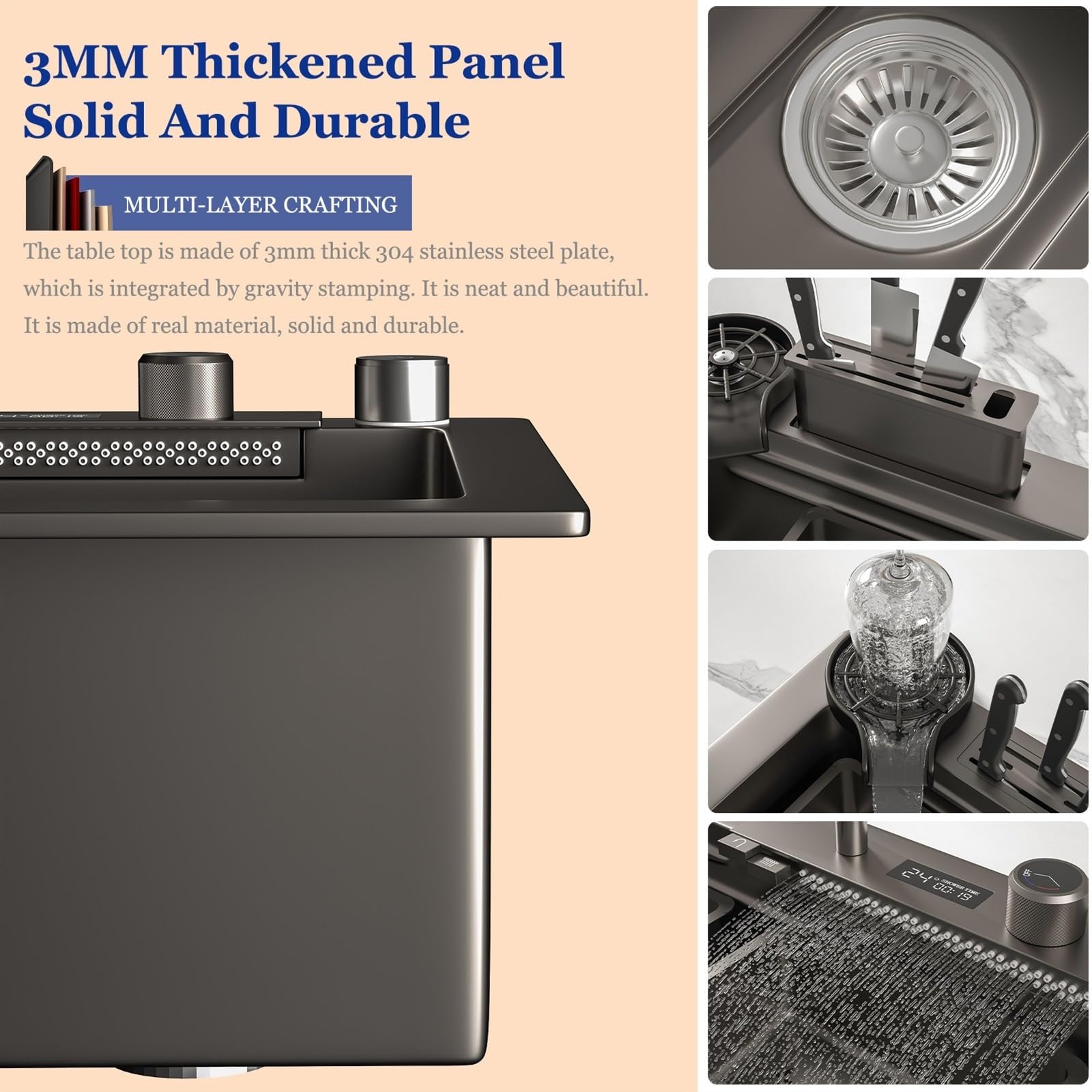 KOOGIMDDR Grigio 1 lavello da cucina con cascata, 75 x 45 cm, rubinetto a cascata a LED, tagliere scorrevole e lavastoviglie ad alta pressione, compatto e multifunzionale