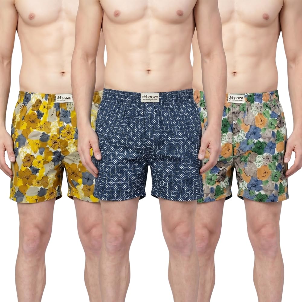 Pack of 3 Men's Cotton Printed Boxer Shorts with Strechable Elastic | Multipurpose Use for Regular Fit Short Pant/Casual Underwear/Comfortable Half Pants | Yellow, Blue & Green | XL-image-35