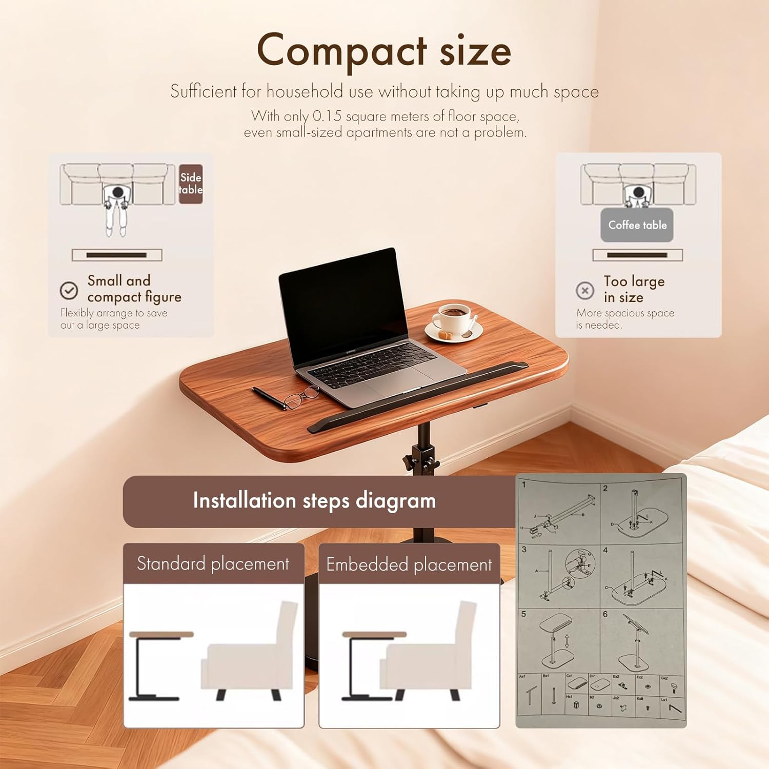 360° Rotatable Foldable Table - Height-Adjustable, Thickened Carbon Steel Frame & Wood Top, Multi-Purpose for Kitchen/Living Room/Bedroom/Dorm，Computer Desk