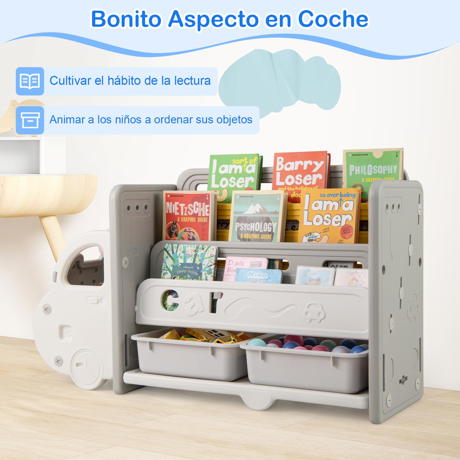 GOPLUS Estantería para Libros Infantil de Plástico en Forma de Coche, Organizador para Juguetes con 3 Estantes, 2 Cajas Extraíbles Y Superficie de Almacenamiento, para Habitaciones Infantiles