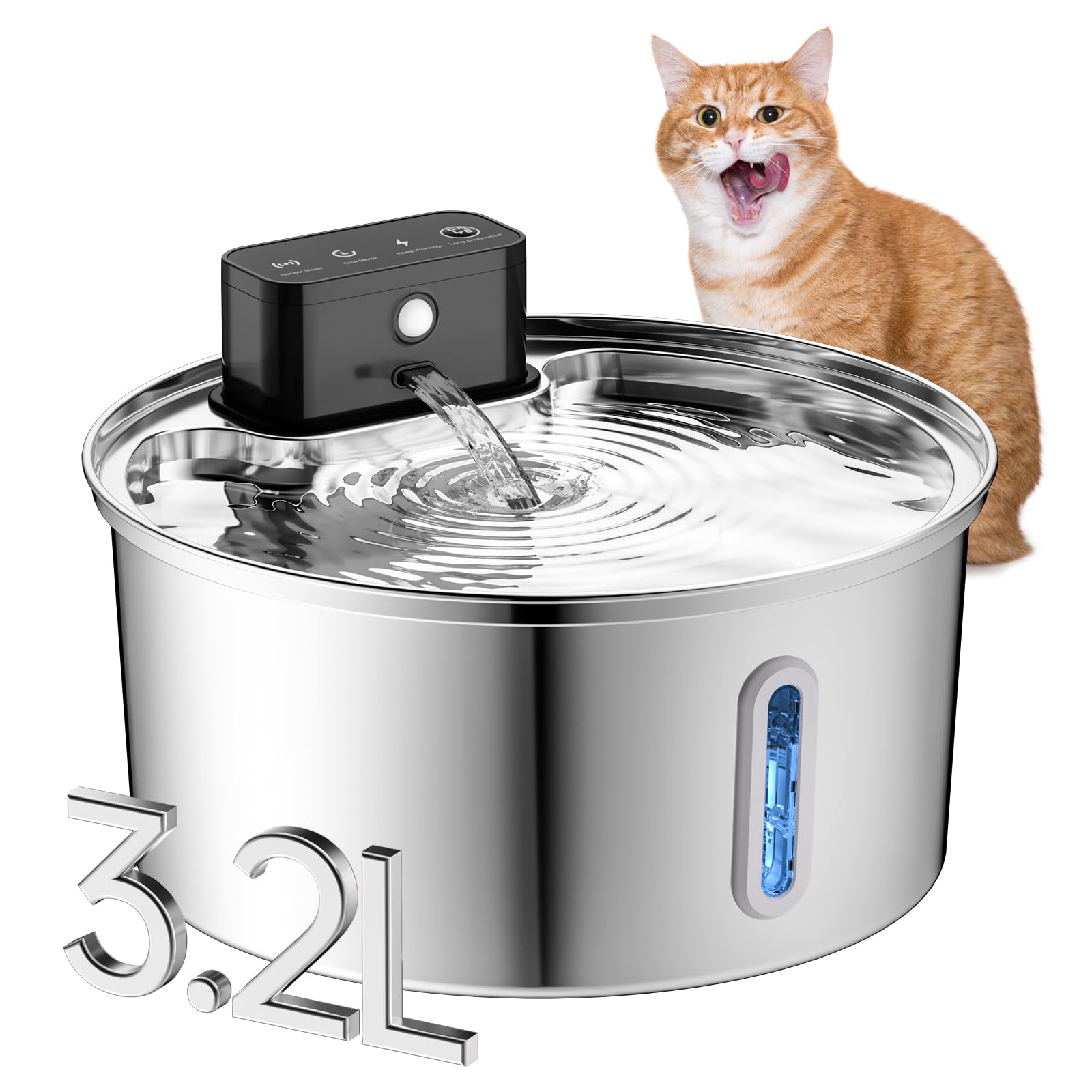 Wireless Cat Water Fountain, Stainless Steel Cordless Cat Fountain, 108OZ/3.2L Automatic Pet Water Fountain, 4000mAh Battery Operated Water Dispenser with Motion Sensor for Cats, Dogs Indoor Drinking