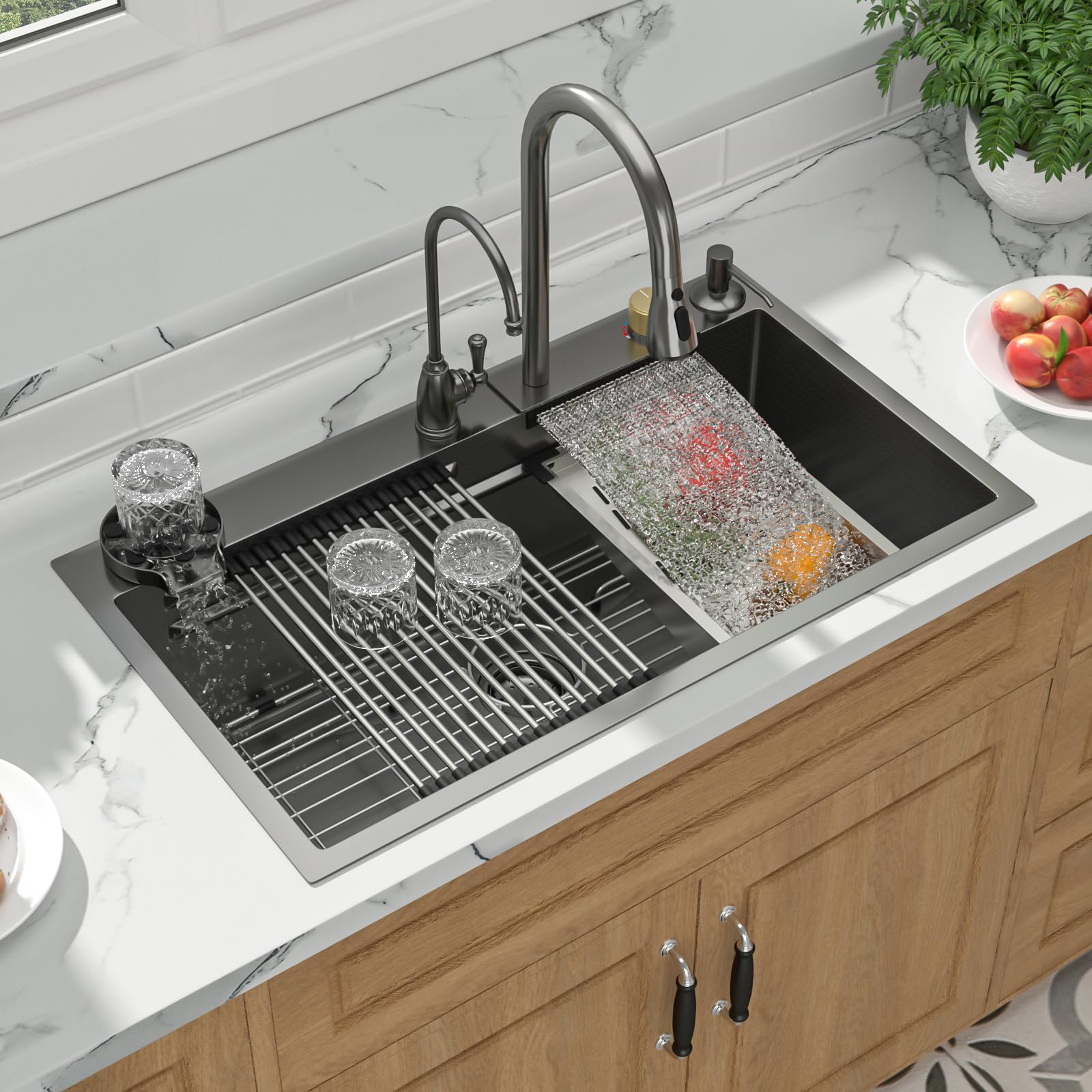 33 Inch Black Waterfall Kitchen Sink Honeycomb - 33x19 Drop In Kitchen Sinks Ledge Workstation 16 Gauge Stainless Steel Single Bowl Sink with Faucet Combo and Built-in Accessories