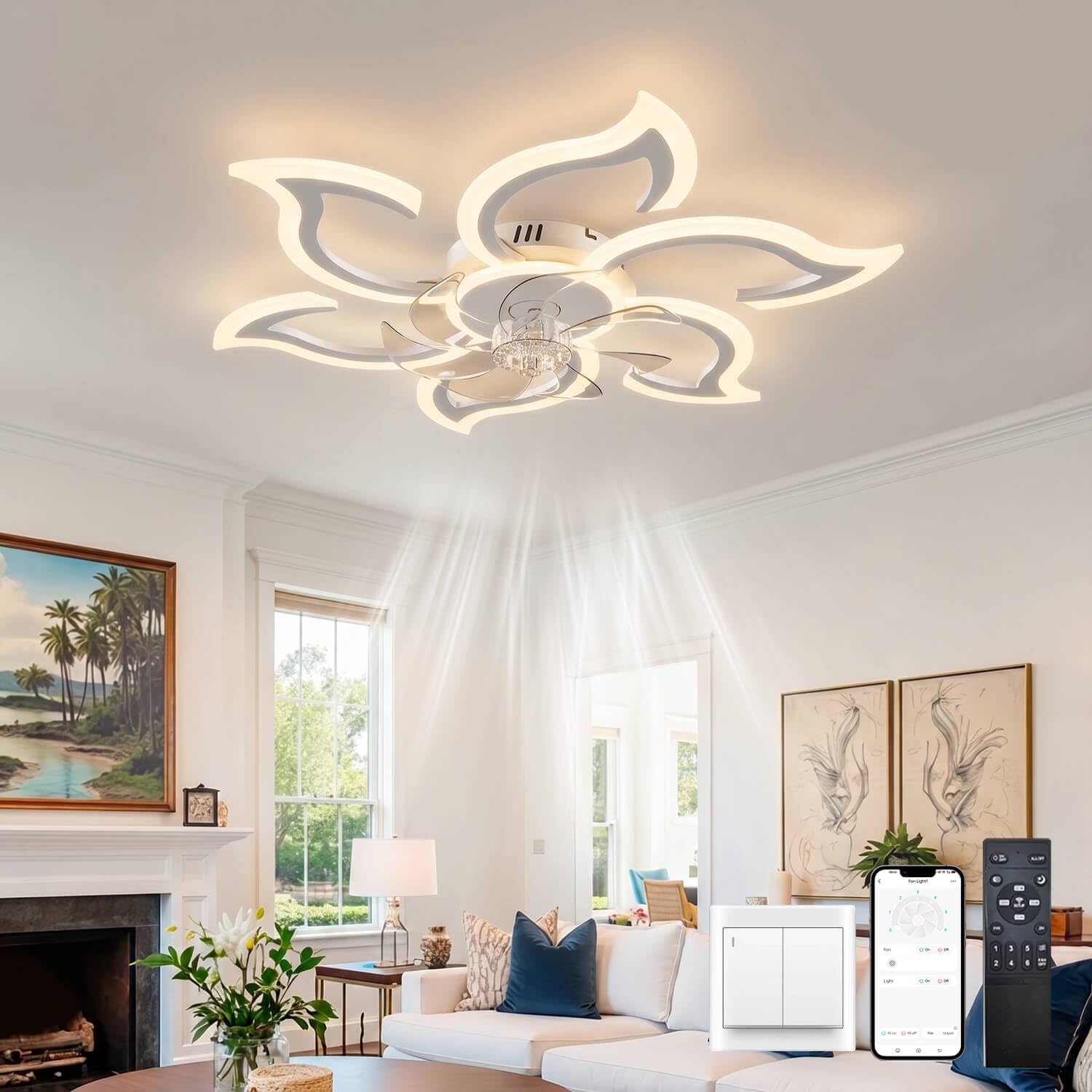 LJX Lustre Ventilateur de Plafond Blanc Silencieux Dc 6800ml Plafonnier Ventilateur Design 6 Vitesses Dimmable Timer Memory Function 88cm Lustre Salon Ventilateur Pour Chambre