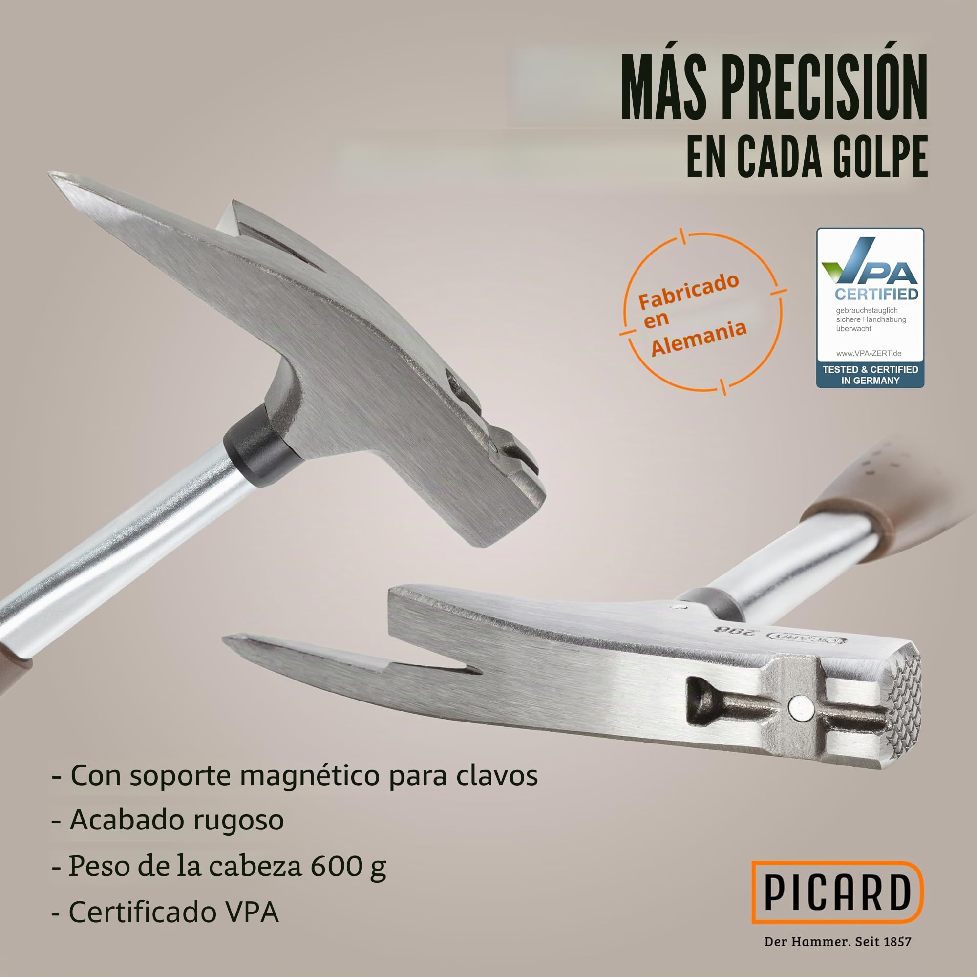 Martillo de carpintero Picard Nr. 298 + sacaclavos | 600 g de peso del cabezal | Pista rugosa | Soporte magnético para clavos | Protegido contra la corrosión | Mango de tubo de acero cromo-molibdeno |