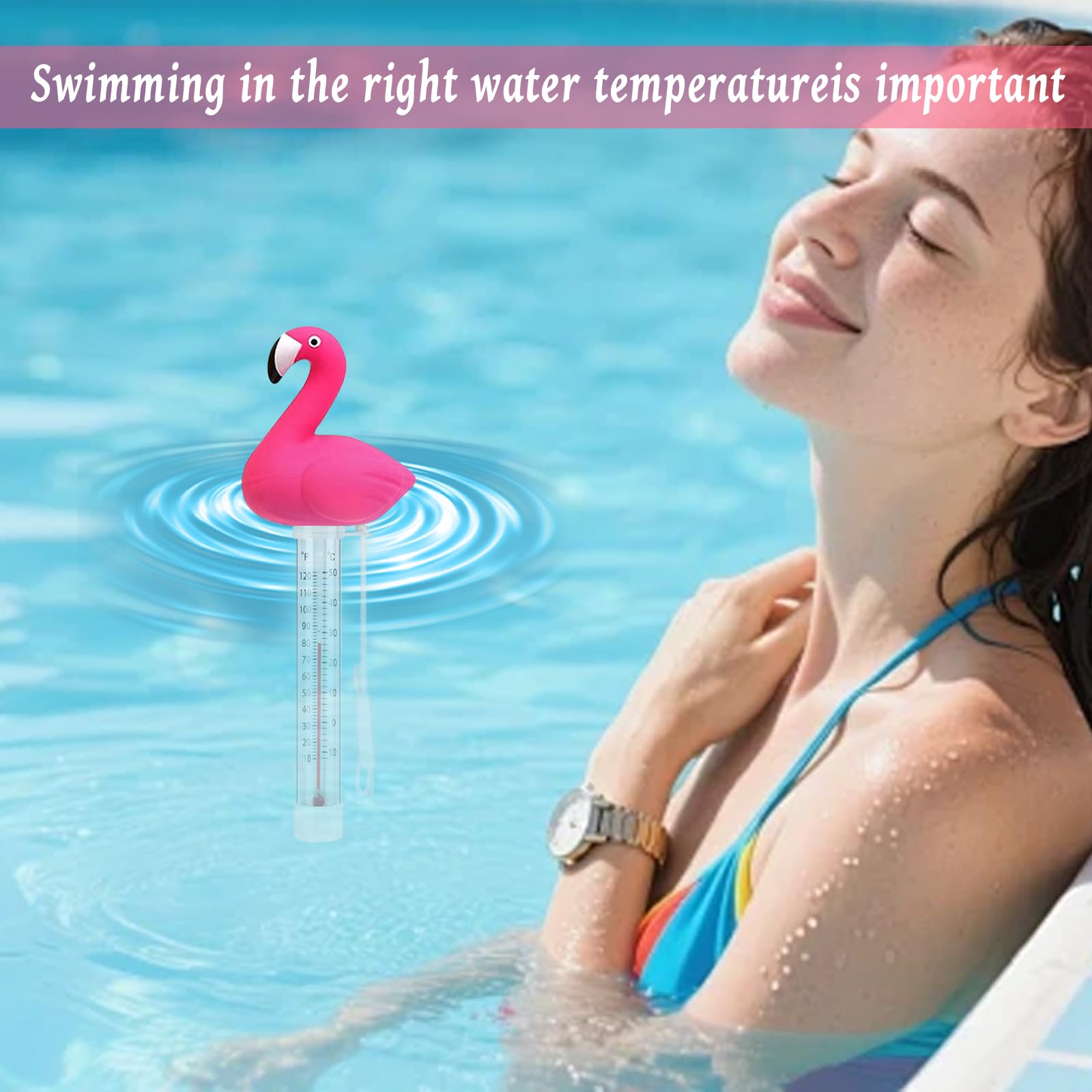 Thermomètre à eau flottant, thermomètre de bain flamants roses, thermomètre de piscine avec corde, thermomètre de piscine de dessin animé, thermomètre de température de l'eau pour piscines, jacuzzi