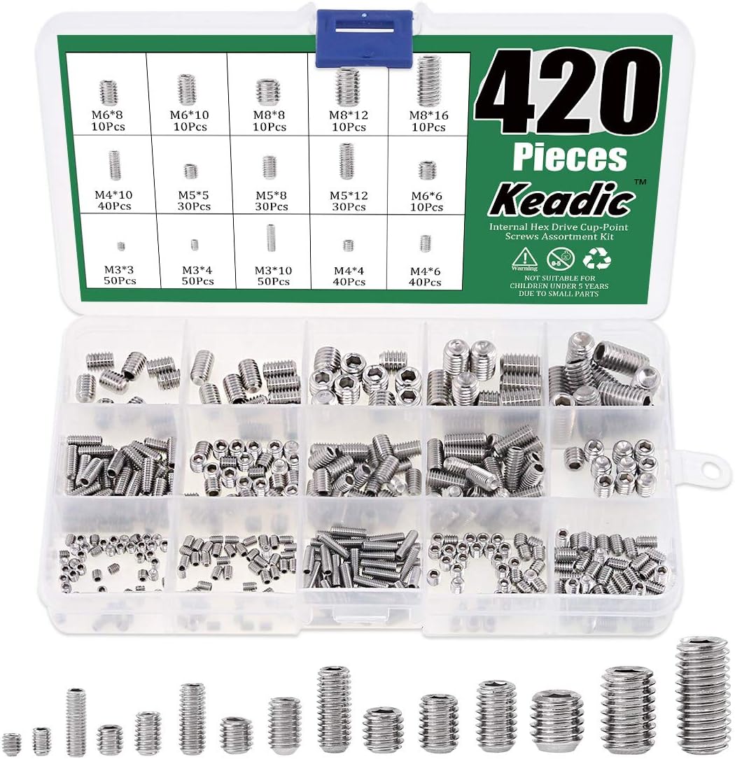 – Keadic 420Pcs Internal Hex Drive Cup-Point Screws Assortment Kit with Plastic Case, 304 Stainless Steel,Ideal for Door Handle, Home Repairs & Fixtures 15 Sizes M3/4/5/6/8 (Metric)