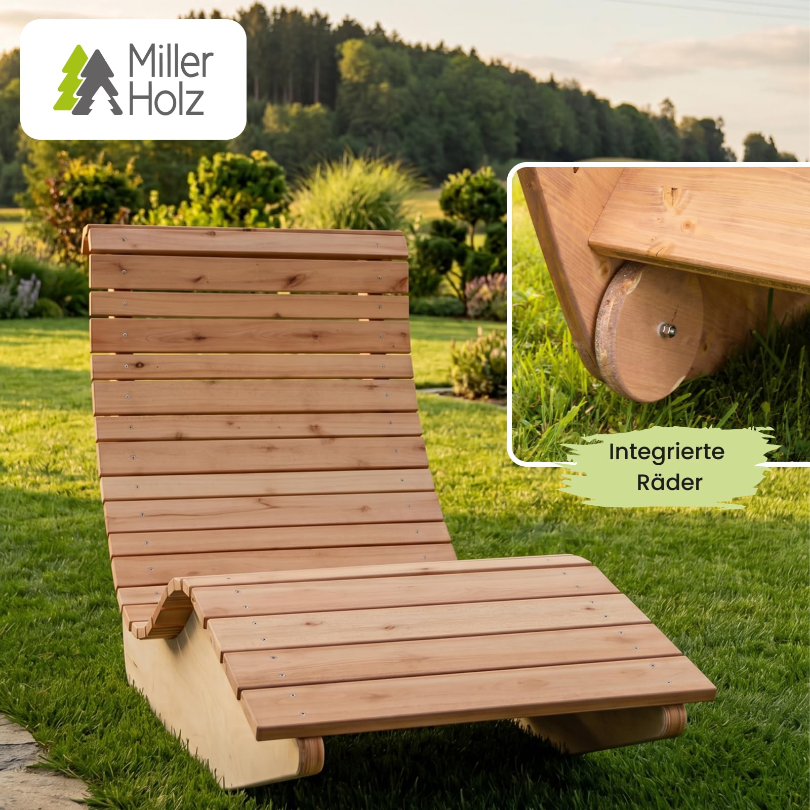 Sonnenliege Holz - 90 cm breit – ergonomische Gartenliege aus Eukalyptus mit Wipp-Funktion, wetterfeste Wellenliege für Garten, Terrasse & Sauna, geschwungene Relaxliege 90 cm breit