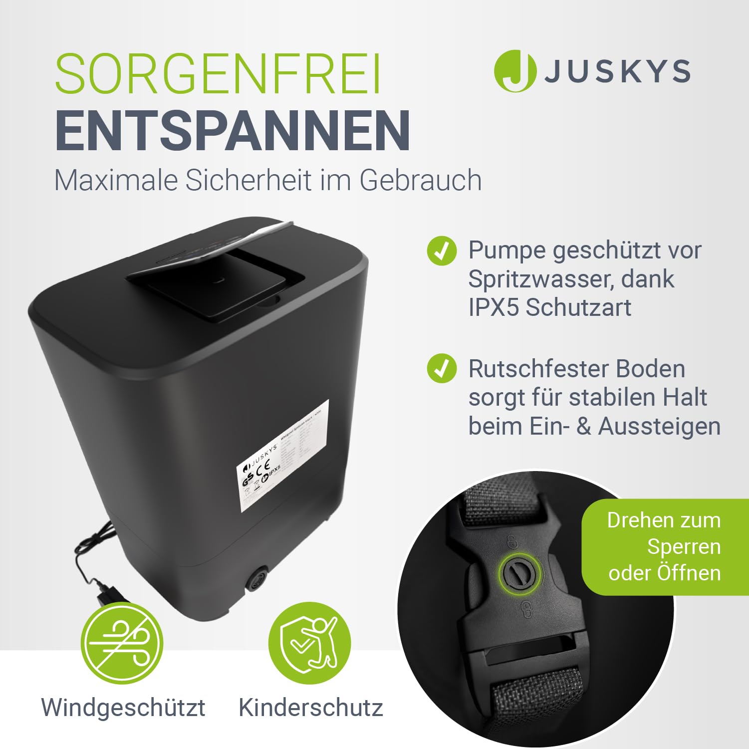 JUSKYS® Whirlpool SpaLuxe – Aufblasbar, Outdoor & Winterfest, 130 Sprudeldüsen, 3000W, PVC, LED-Beleuchtung, Schwarz/Weiß