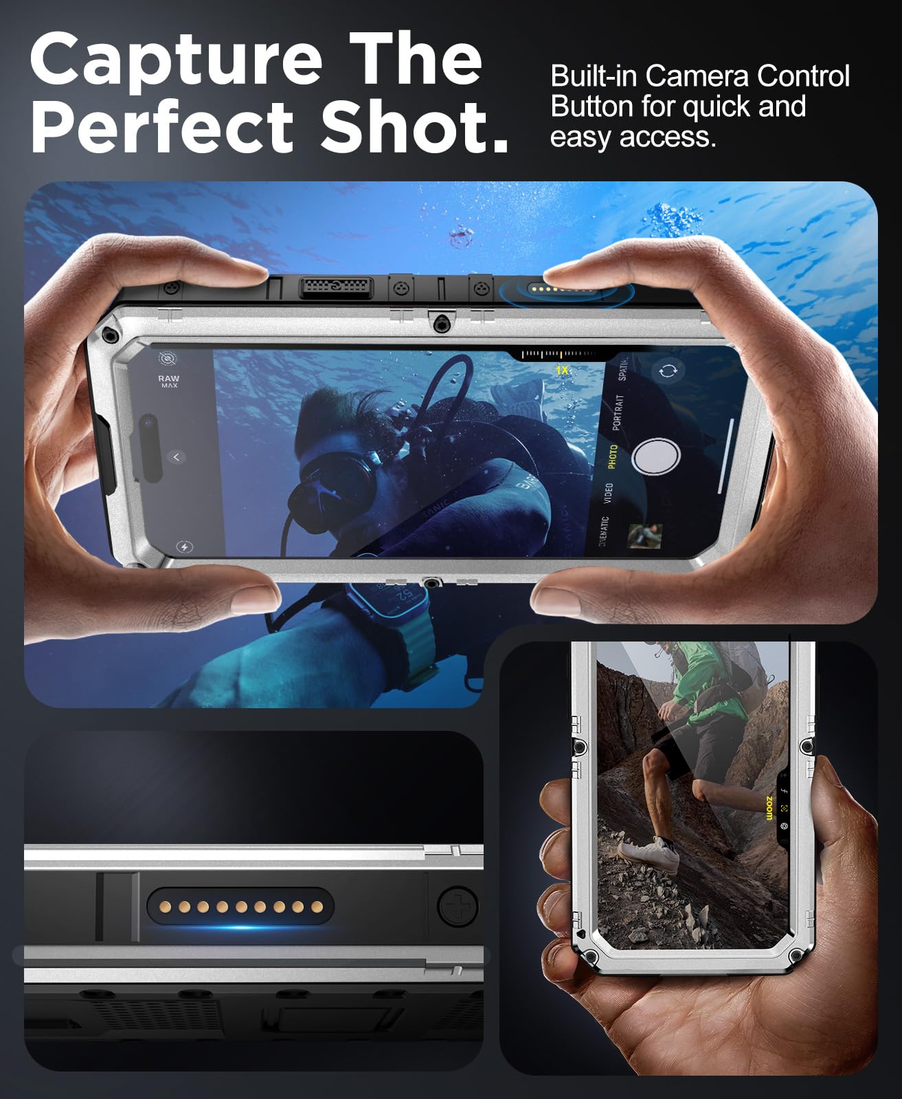 Beeasy Cover per iPhone 16 Pro Max IP68 Impermeabile Custodia Militare Antiurto Resistente 360° Metallo Armor Protezione Schermo Integrata Rugged Robusta Indistruttibile Subacquea Antipolvere Argento