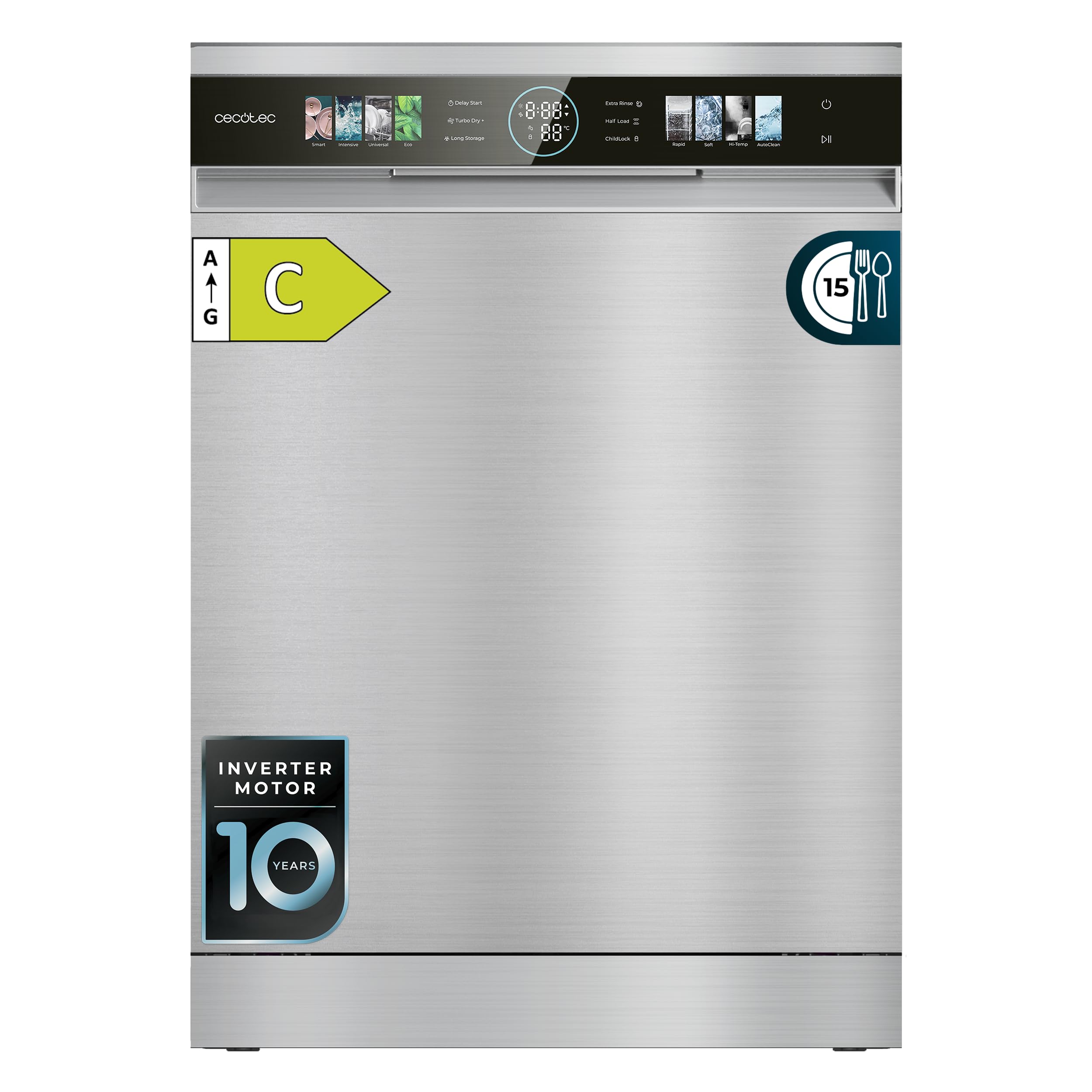 Cecotec Lavavajillas Compacto de 60cm Bolero Aguazero 6620 Inox C, 1850W, 15 Cubiertos, 8 Programas, Motor Inverter, Pantalla FullColor XXL, Smart Wash, Turbo Dry+, AutoClean, Media Carga, Delay Start