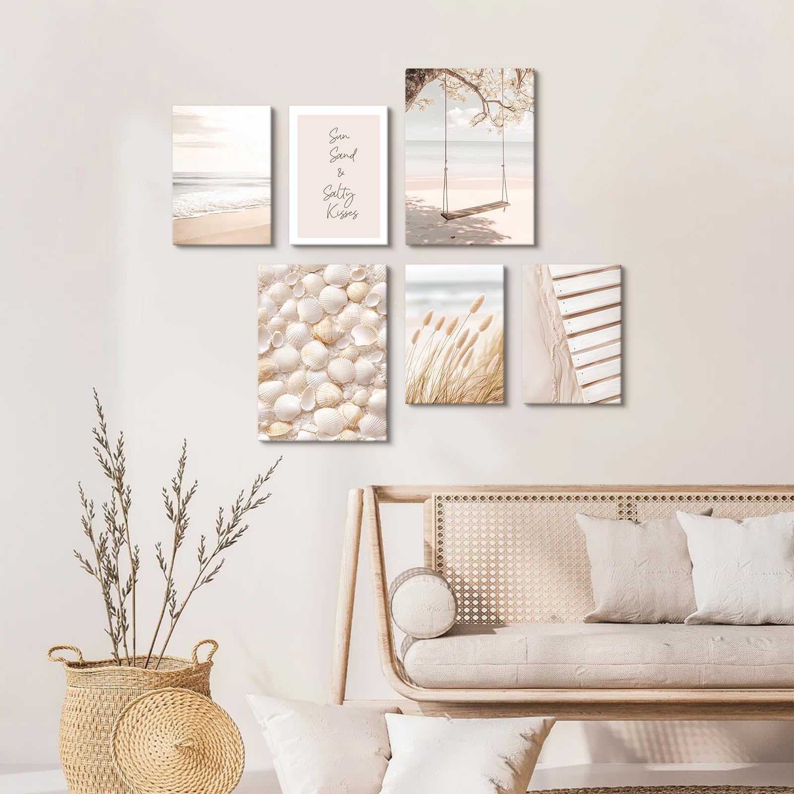 6pcs Cadre en Bois Impression sur Toile Boho Coquillage de Plage Côtière Tableau Affiche Decoration Murale Océan Paysage Peinture Tableau Decoration Murale Salon Chambre 30x40 cm x2+20x30 cm x4