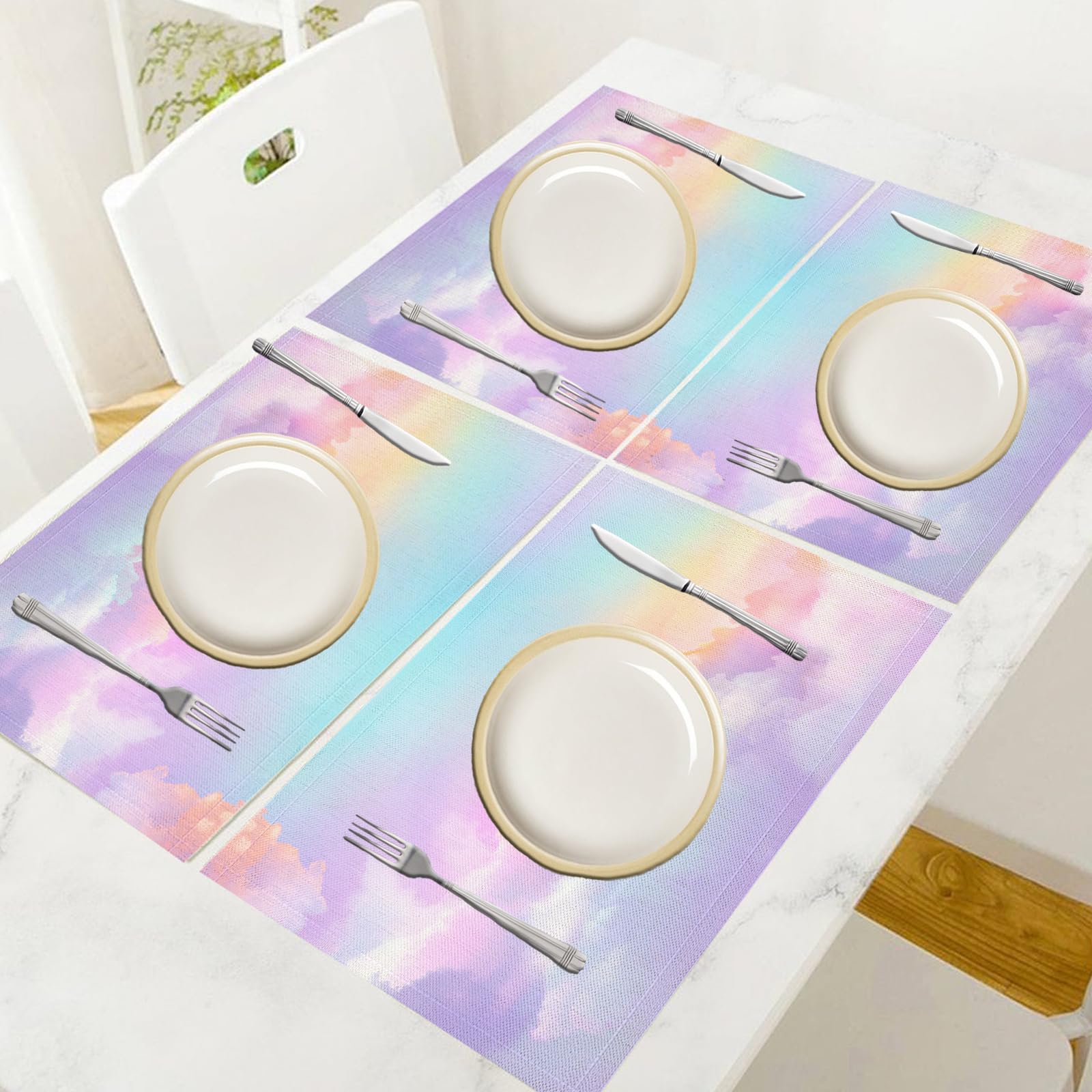 Tovaglietta Americana Sogno in Cotone Lino Rettangolare - Tovagliette Set di 8 Nuvole Arcobaleno Resistente al Calore per La Cucina, Il L'Ufficio, 30 x 45cm