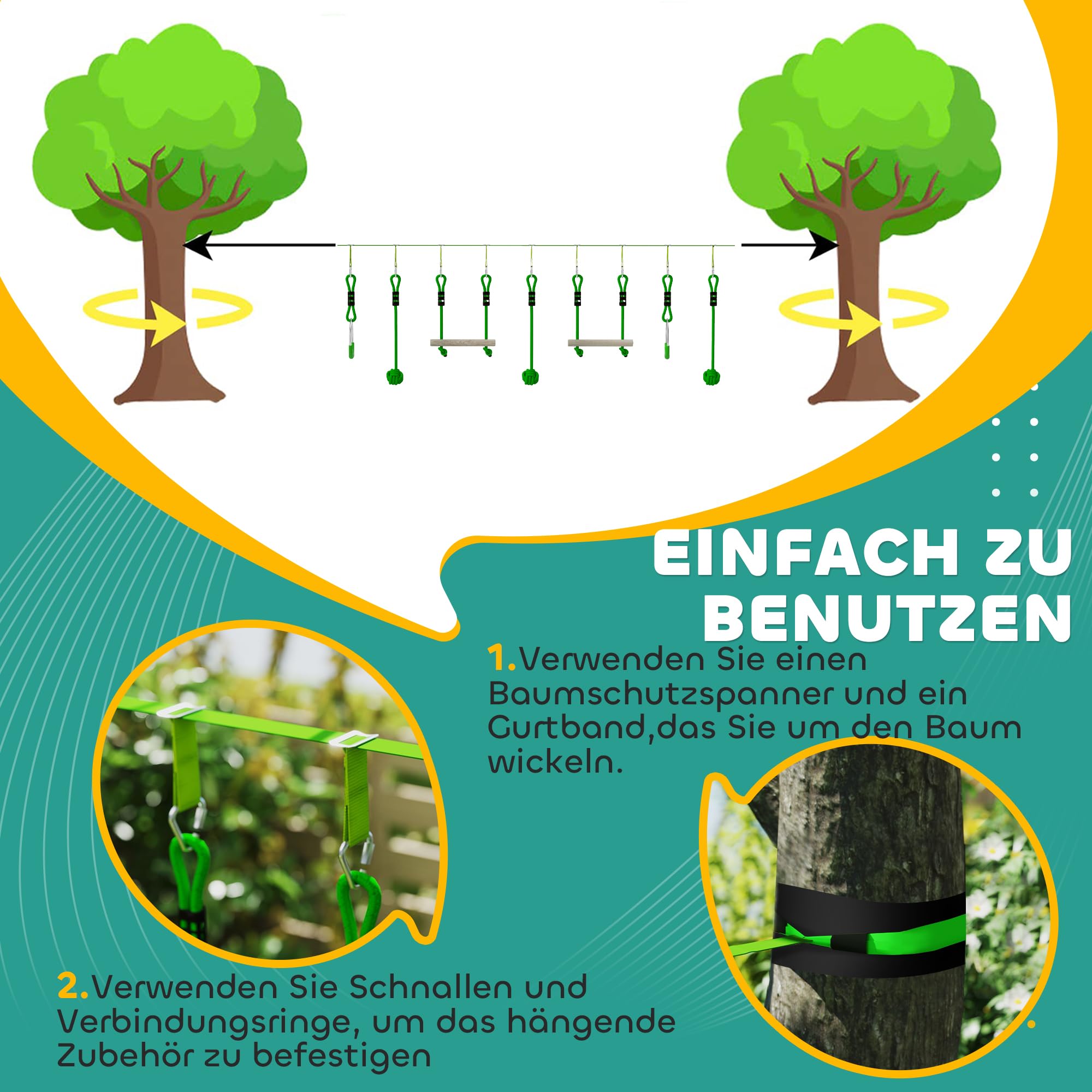 AIYAPLAY Seilrutsche Kinder 10 m Seilbahn Set für Kinder Outdoor Slackline mit 2 Turnringe, 2 Kletterstangen und 3 Spinnerräder, Backyard Zip Line Kit für Hinterhof Garten