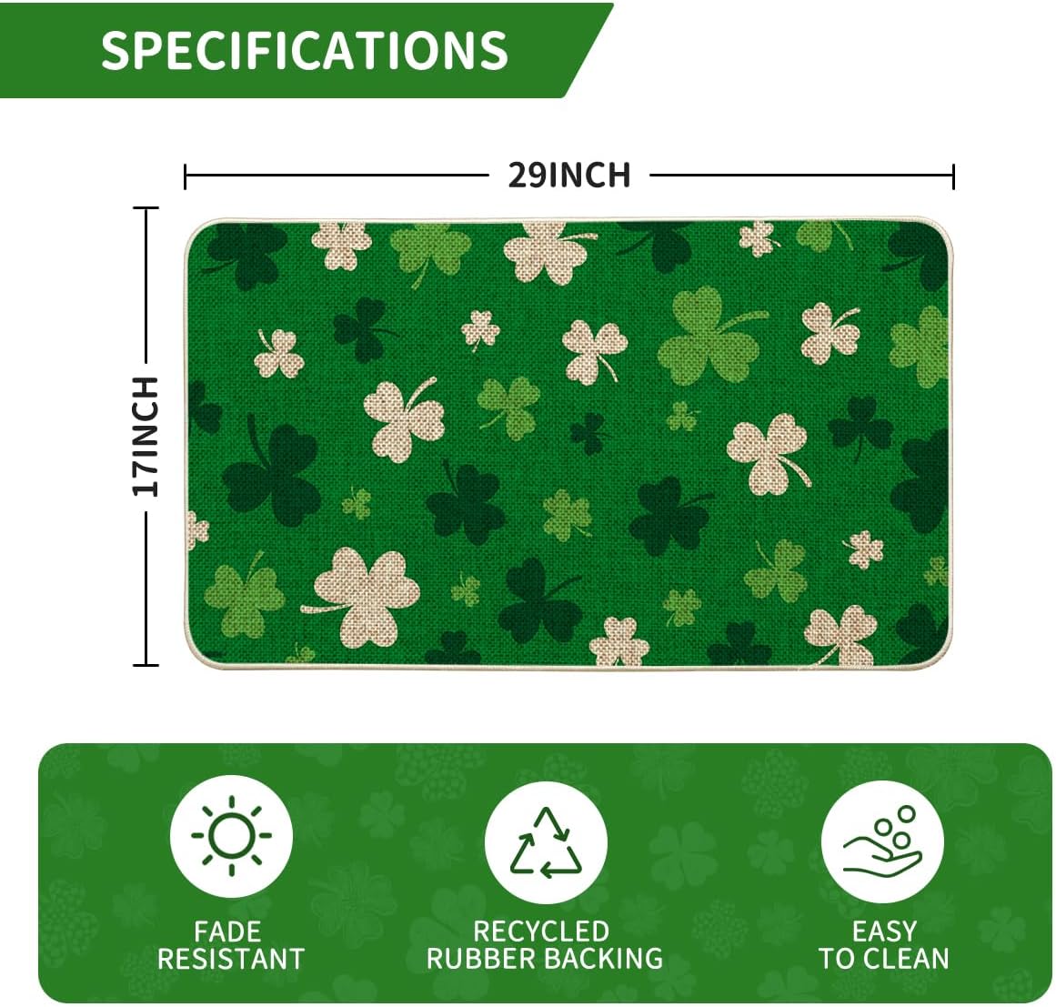 Artoid Mode Green Cute Shamrock St. Patrick's Day Doormat, Home Decor Low-Profile Switch Rug Door Mat Floor Mat for Indoor Outdoor 17x29 Inch