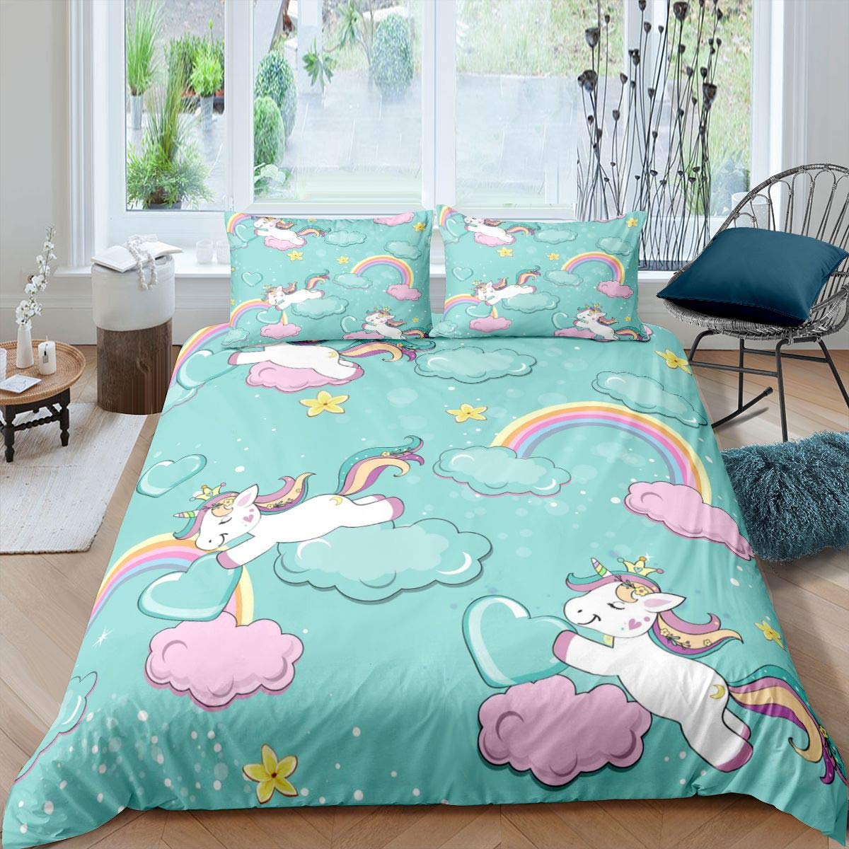 Homemissing Juego de ropa de cama para niños con diseño de unicornio de fantasía para niños, funda de edredón de animales mágicos, diseño de hadas, lunares y globos, color rosa