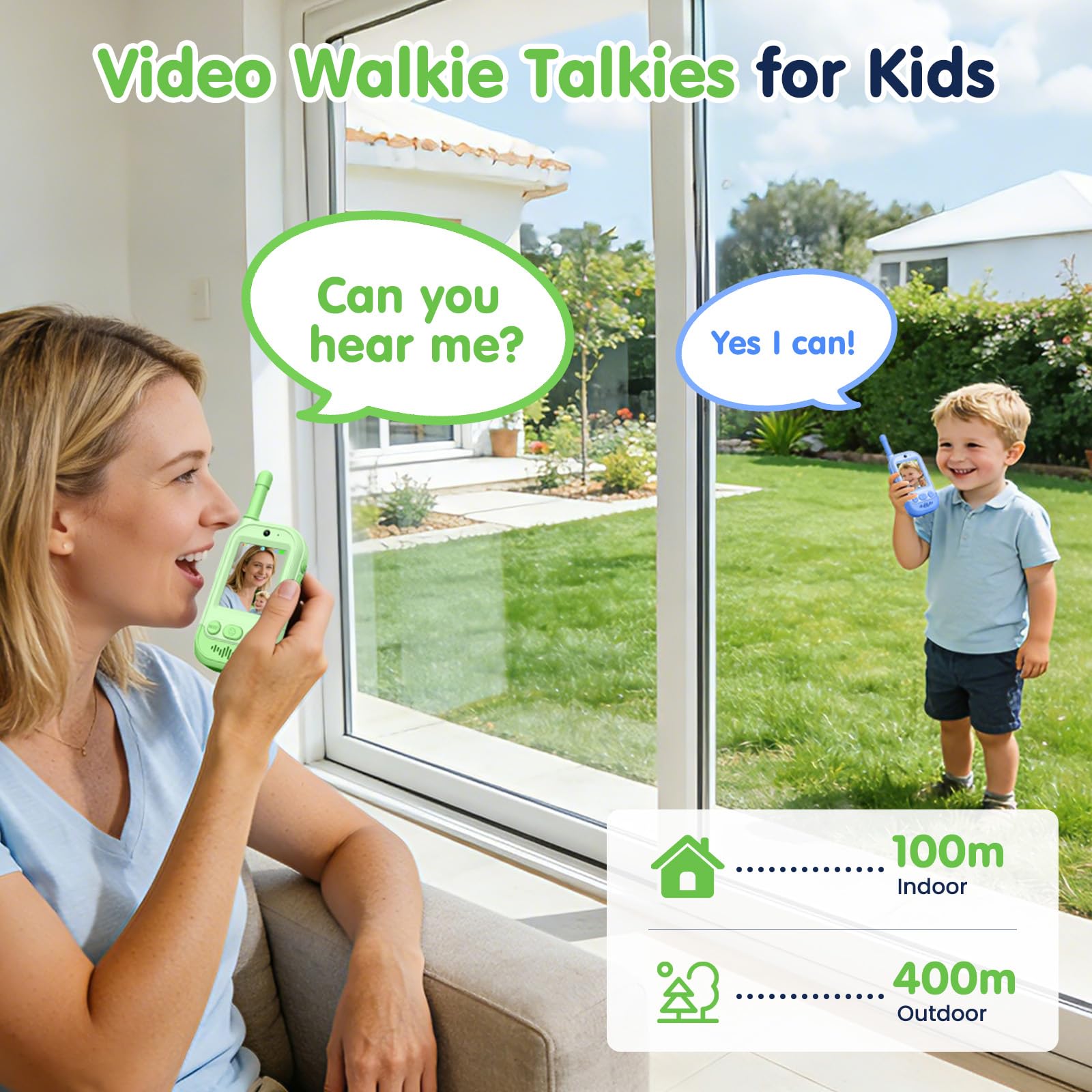 Video Walkie Talkie Kinder, Gofunly 2er Set Walky Talky Aufladbar mit Bildschirm, 400M Reichweite, Geburtstagsgeschenk Weihnachten Spielzeug für Jungen & Mädchen 3-12 Jahre - Grün+Blau