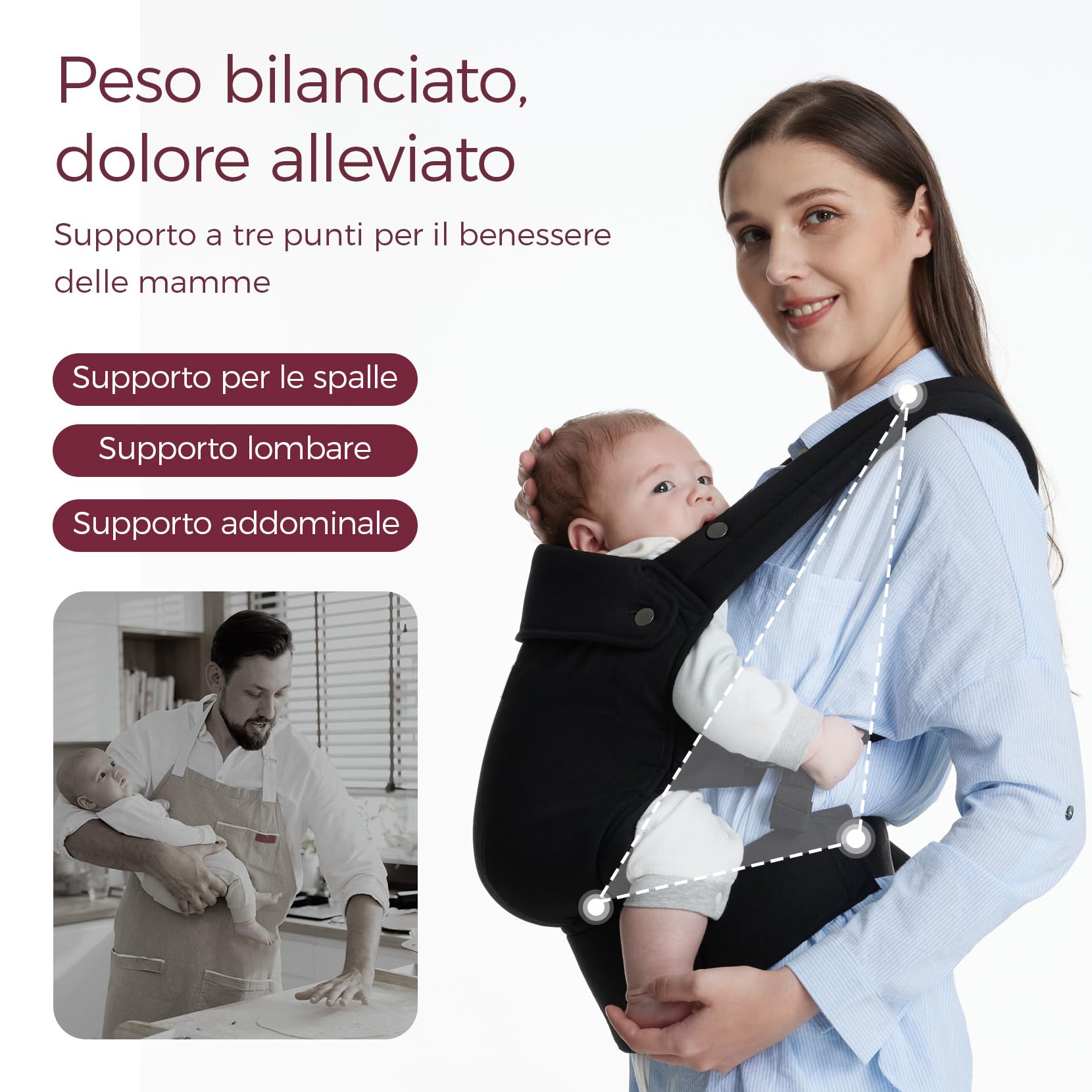Marsupio Momcozy - Ergonomico, confortevole e leggero, per bambini da 3 a 20 kg (3-24 mesi), facile da indossare, ideale per genitori a mani libere, Nero