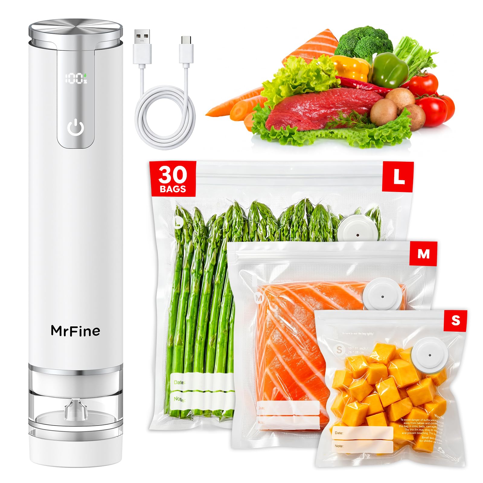 Machine à emballer sous vide portable pour nourriture, mini machine à emballer sous vide compacte avec 30 sacs hermétiques réutilisables, 2200 mAh, rechargeable et portable avec écran LED et réservoir