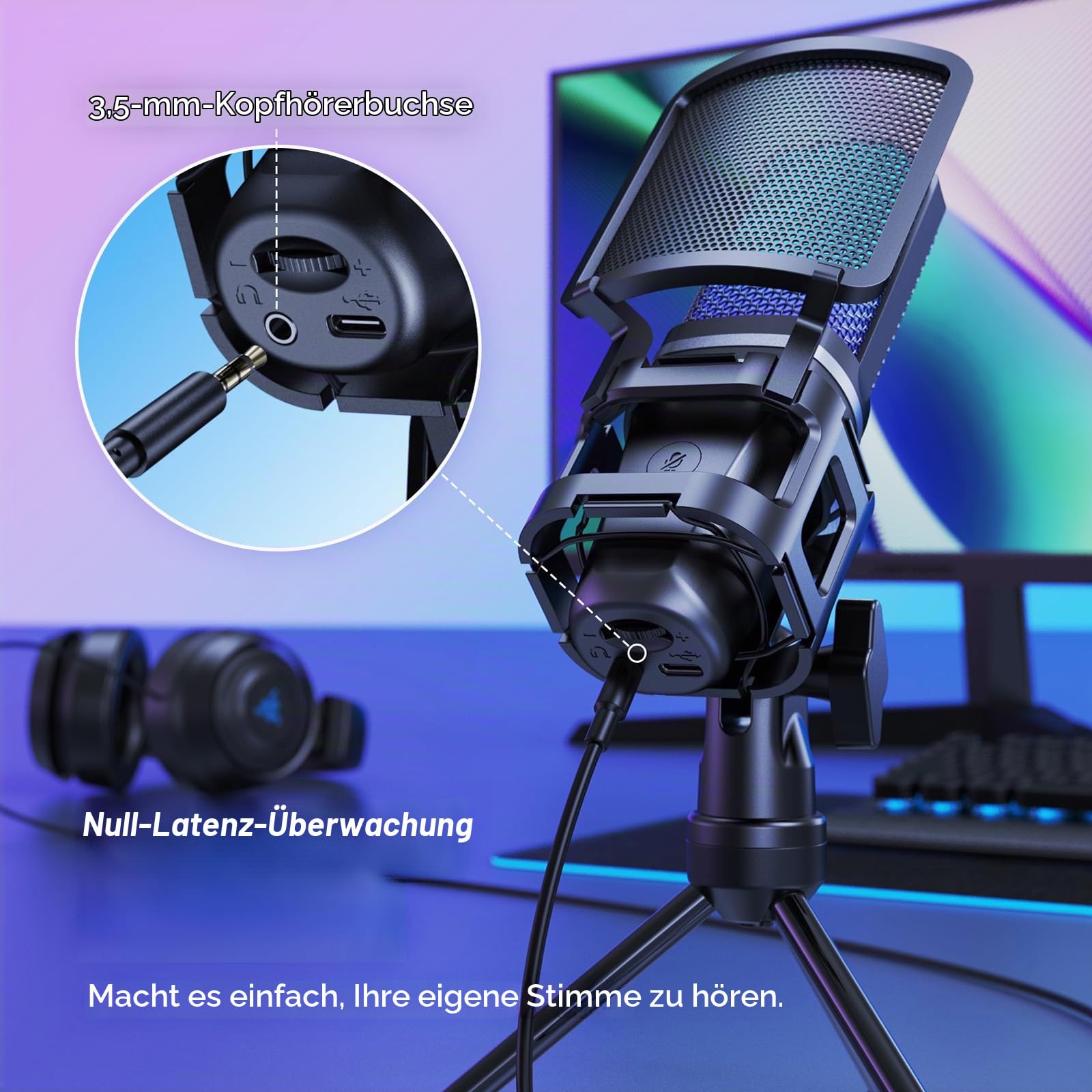 TONOR RGB Mikrofon PC USB Computer Gaming Standmikrofon, Nierencharakteristik Microphone mit Stativ Popschutz Tischmikro Mic Microfono mit Ständer für Game YouTube Konferenz Singen PS4 PS5, TC777 Pro