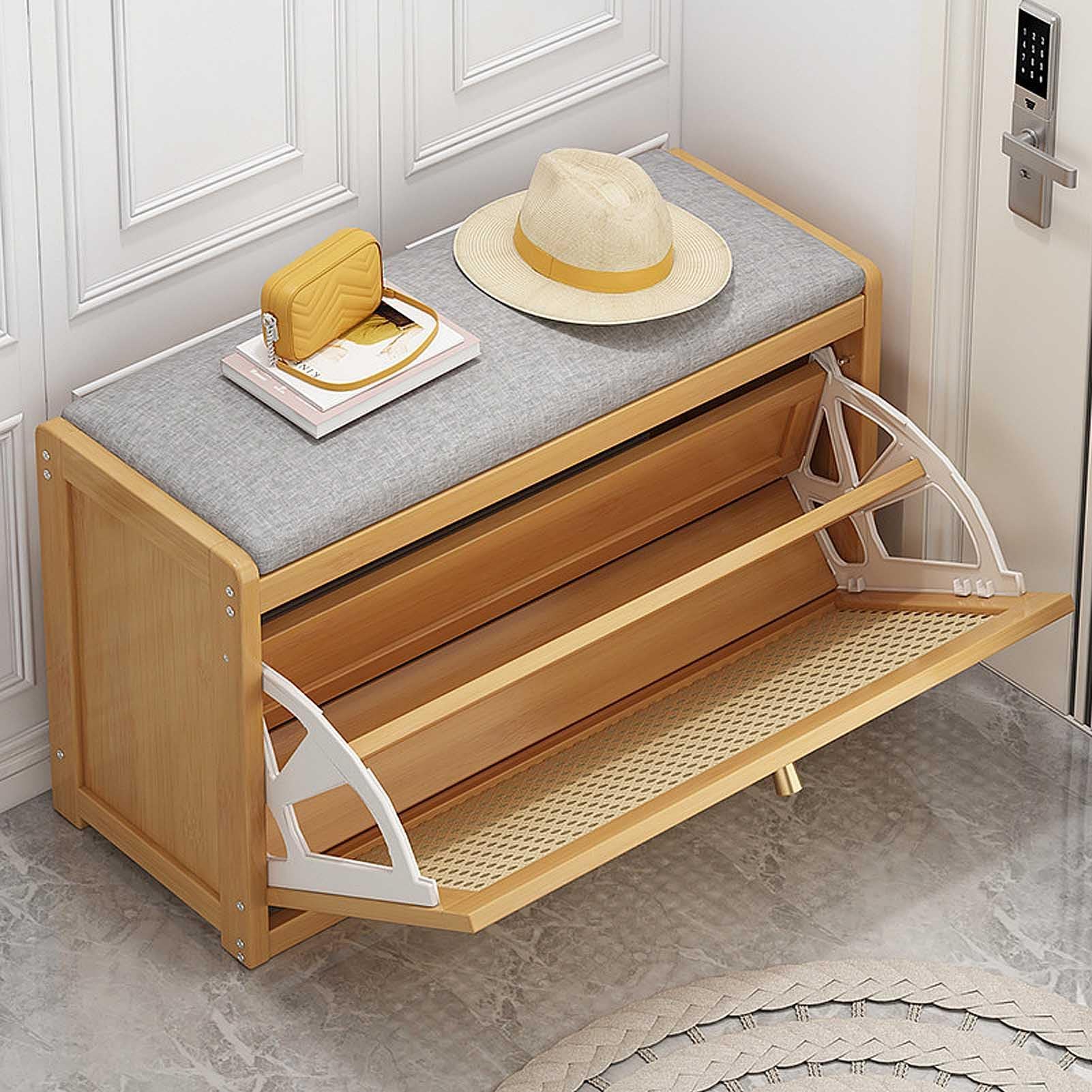 SVFOEBJM Entryway Shoe Bench with Rattan Drawers - Slim Bamboo Wardrobe Shoe Cabinet, Space Saving Enclosed Shoe Rack,001,50x25x45cm