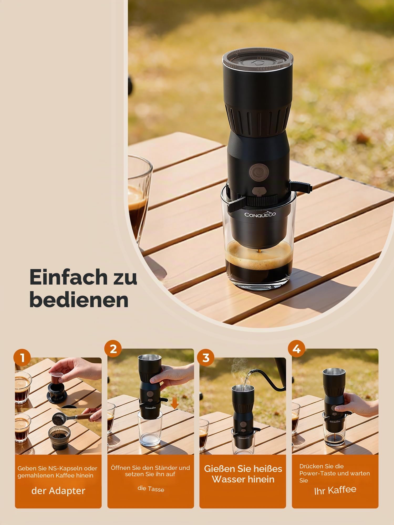 CONQUECO Tragbare Espressomaschine für Unterwegs: Mini Kaffeemaschine to go Akku - 160ml Tassen Kaffeeextraktion - für gemahlenen kaffee und NS kapseln (Keine Selbstheizung)