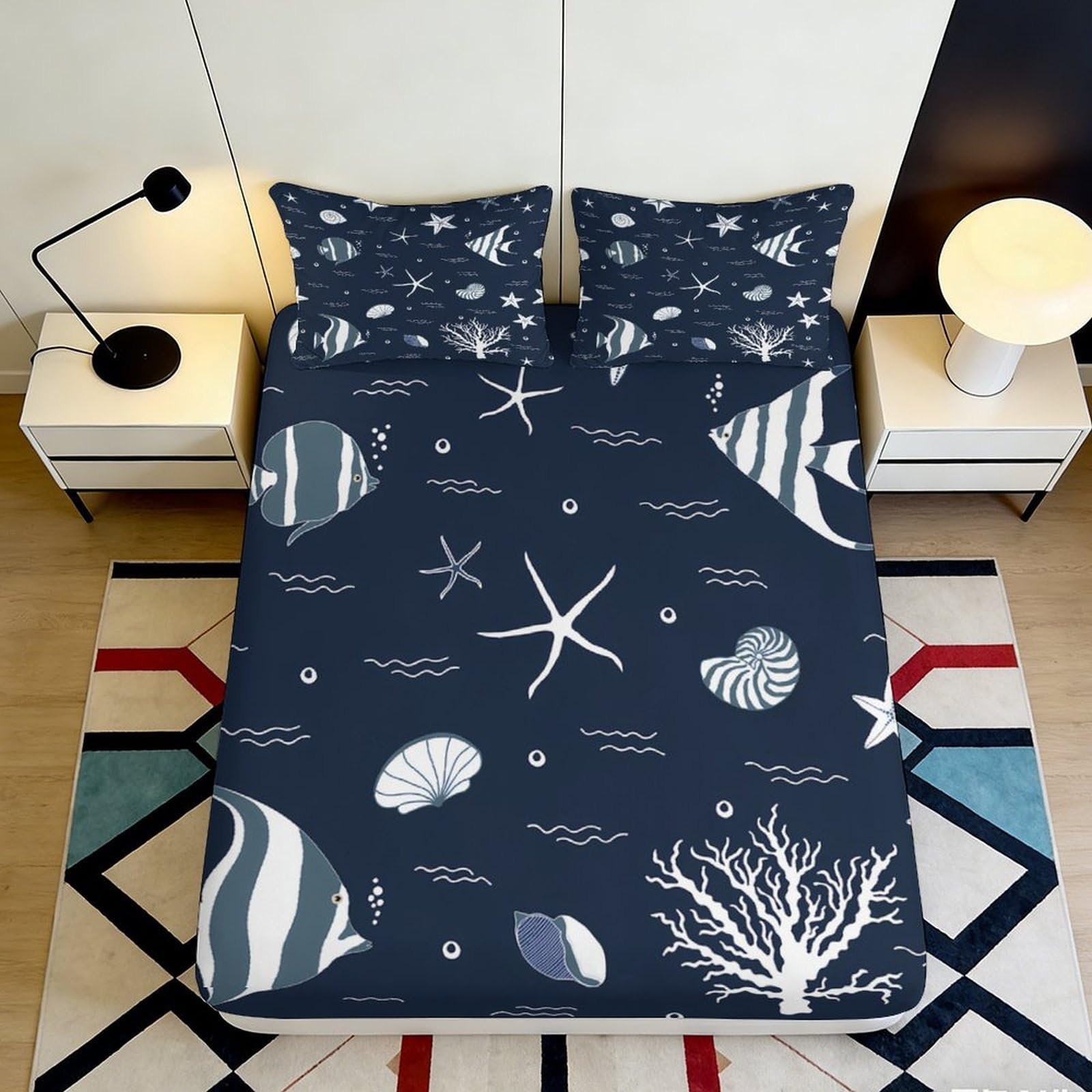 Qjzxknhpgr Style-2 3D Printed Ocean Star Fitted Sheet Microfiber Soft Dark Blue Sea Shell Mattress Cover For Bedroom Guest Room Decor 90X200x25cm
