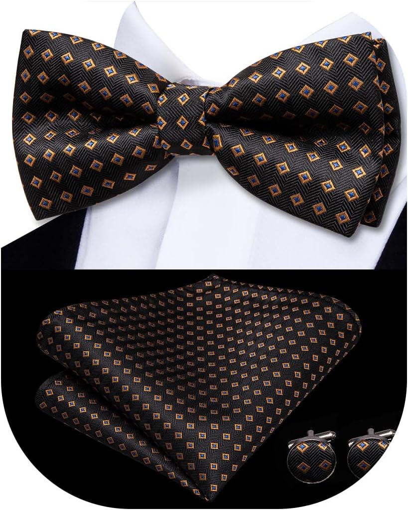 Hi-Tie Bow Ties for Men Pre-Tied Pocket Square with Cufflinks Mens Bowtie Sets for Wedding Formal Party