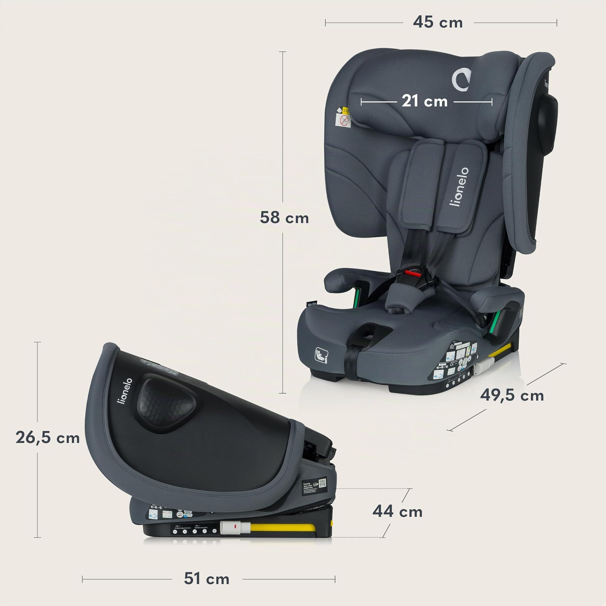 LIONELO NELLY I-SIZE Silla de Coche Para Bebé Plegable 76-150 cm (aprox. de 15 meses a 12 años) Grupo 1 2 3 Fijación Trasera ISOFIX y Cinturón TT, Protección Lateral, Reposacabezas y Respaldo Ajustabl | Instalación ISOFIX, correa superior, reposacabezas a