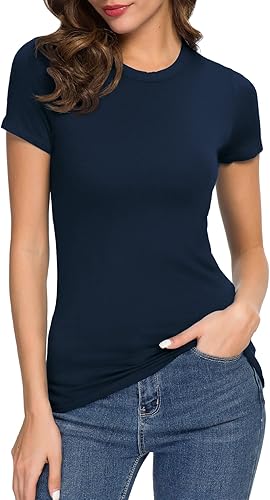 Camiseta entallada de mujer con cuello redondo y manga corta, prenda básica elástica y ajustada.