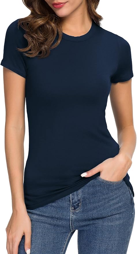 Women'S Crewneck Slim Fitted Short Sleeve T-Shirt Stretchy Bodycon Basic Tee Tops