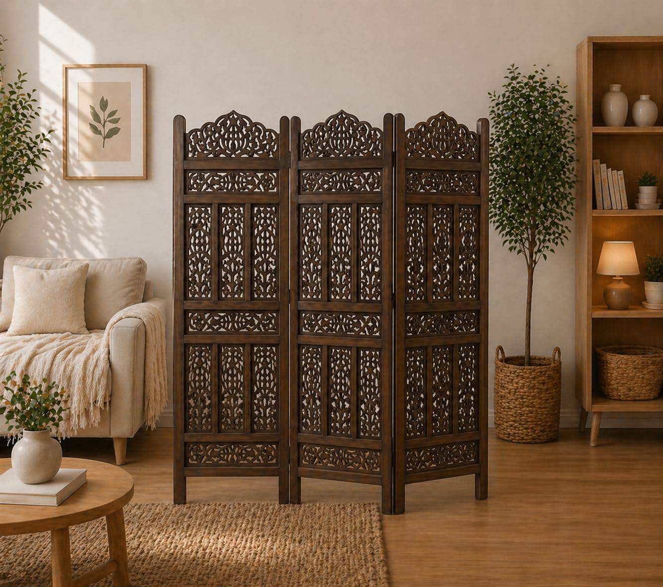Home & Goods International Wooden Room Divider Partition - 5-FT Folding Privacy Screen Decorative Freestanding Panel for Home, Office & Studio with KANGRA BADRUN Design ~ Brown (3 Panel)