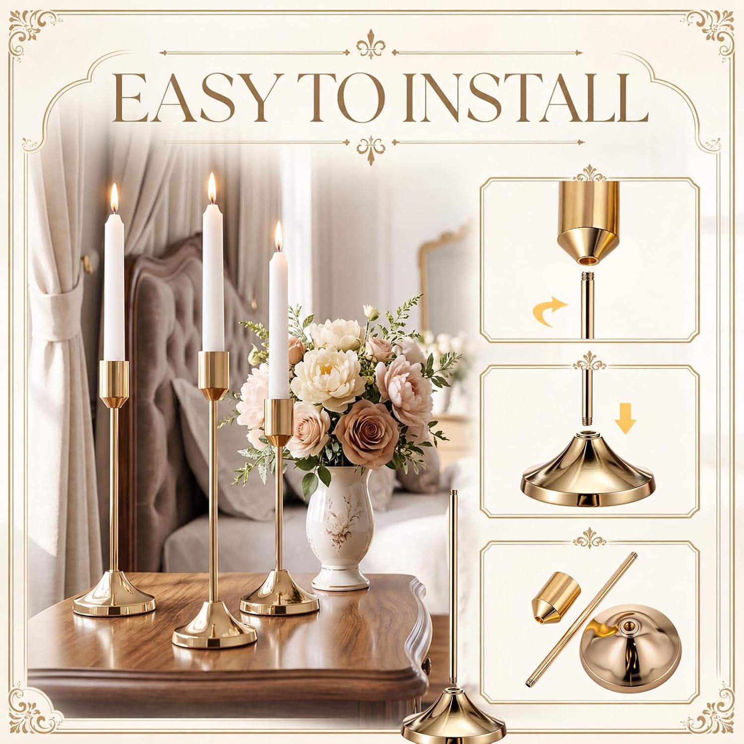 72 Pcs Brass Gold Taper Candle Holders Kits, Metal Candlestick Holders Bulk