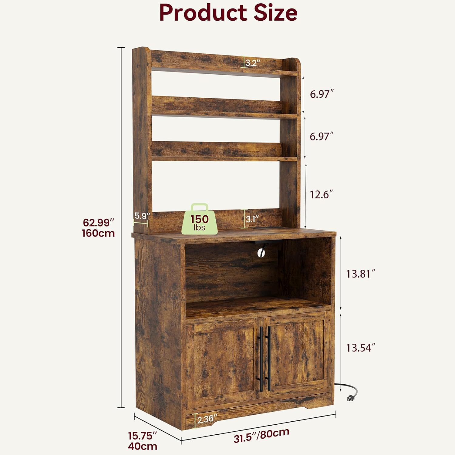 IDEALHOUSE Bakers Rack With Storage Cabinet, Microwave Stand With Power Outlets, Farmhouse Bakers Rack With Thick Table Top, Small Kitchen Pantry Hutch Bakers Rack for Kitchen, Dining Room,Retro Brown
