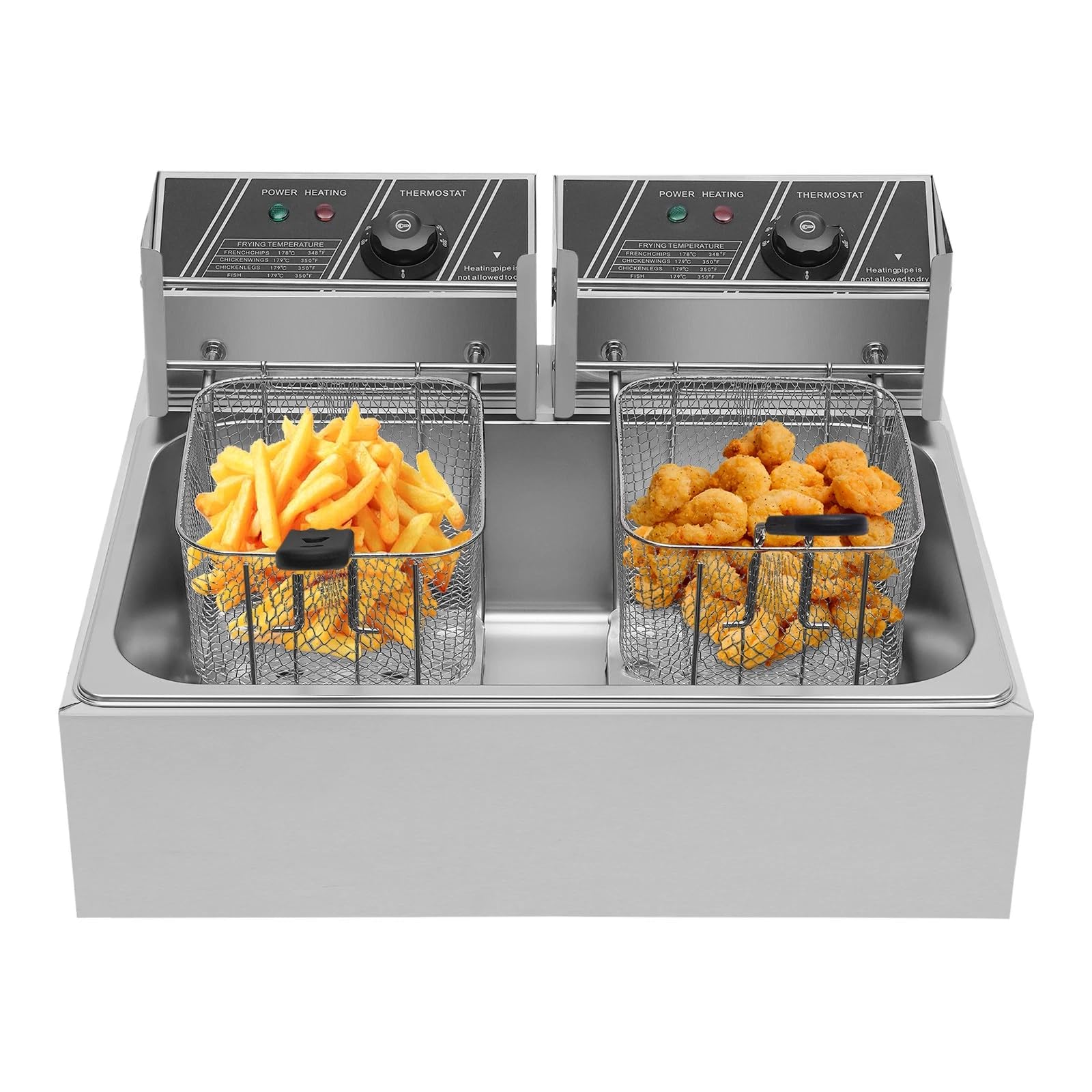 Friggitrice Elettrica Commerciale 2 Vasche da 12 L 5000W Friggitrice ad Olio in Inox con 2 Cesti per Friggitrice e Tempo Regolabile 60-200 °C per Rondelle di Cipolla, Pollo fritto Snack Bar