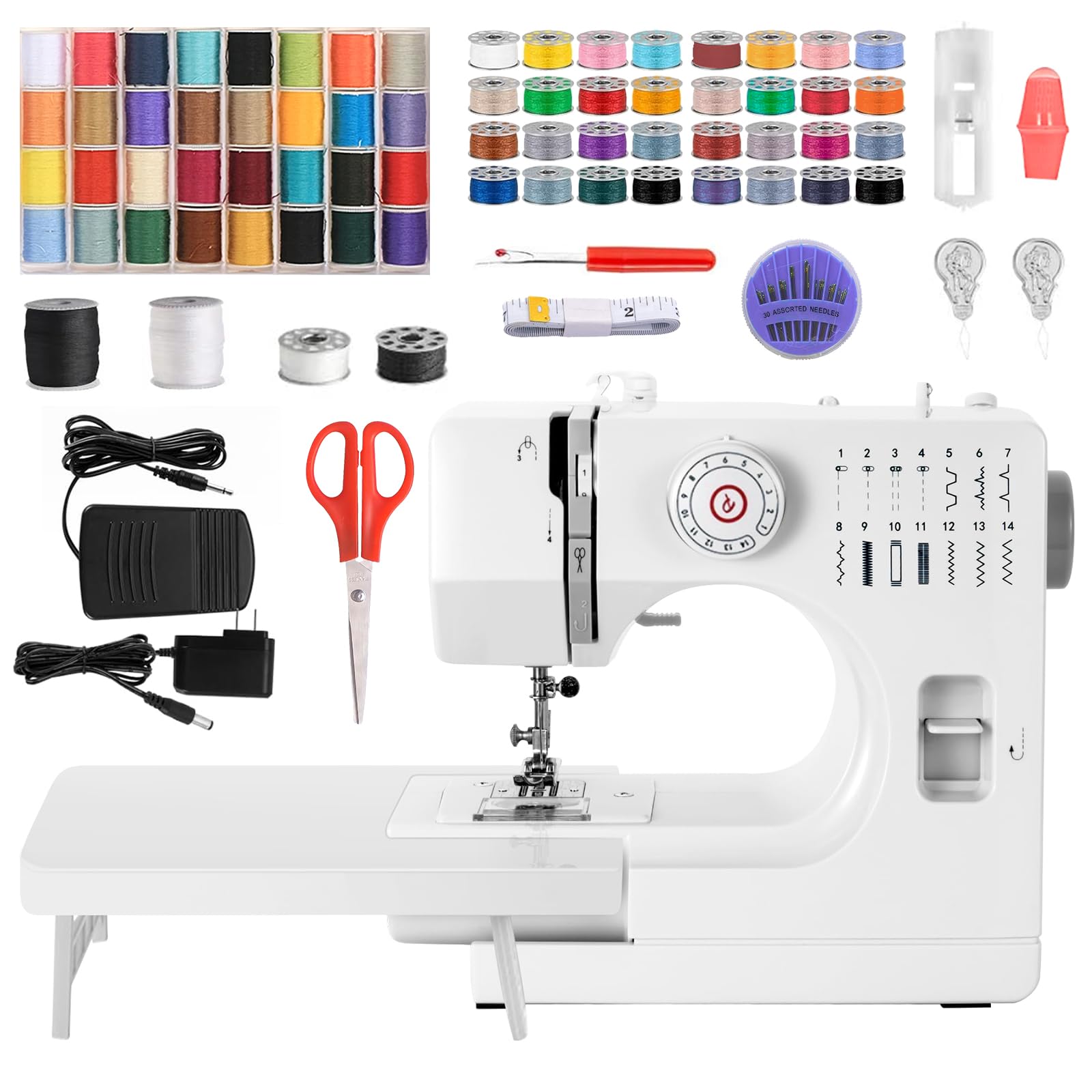 Máquina de Coser Profesional y Portátil con Mesa de Extensión - 14 Programas de Costura y 64 Carretes de Colores para Principiantes (A)