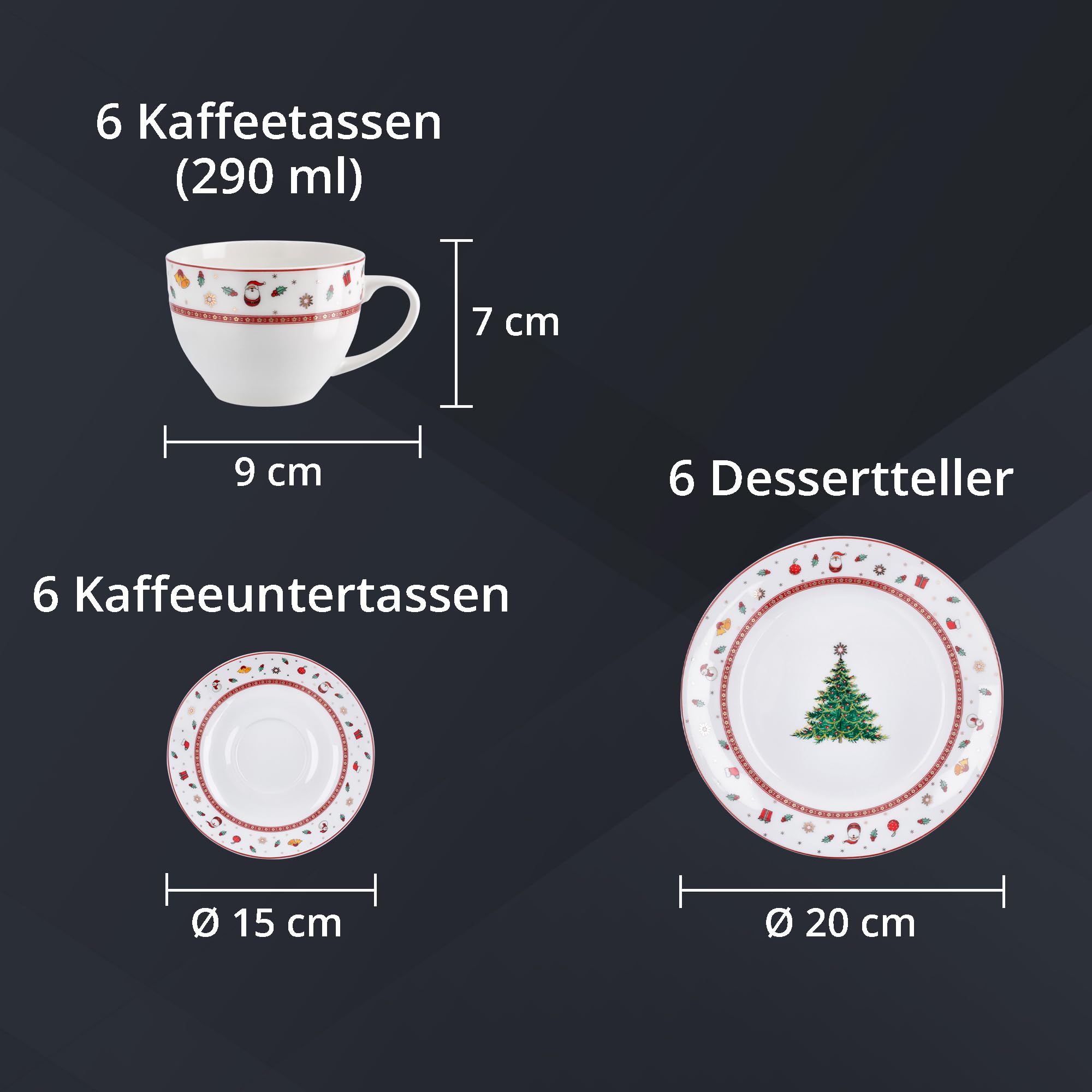 Peill+Putzler Germany Weihnachtsgeschirr,Kaffeeservice mit Weihnachtsmuster, 18-teiliges Geschirrset für Weihnachten, Bon China Porzellan in weiß für 6 Personen, mit Goldrand daher nur Handwäsche