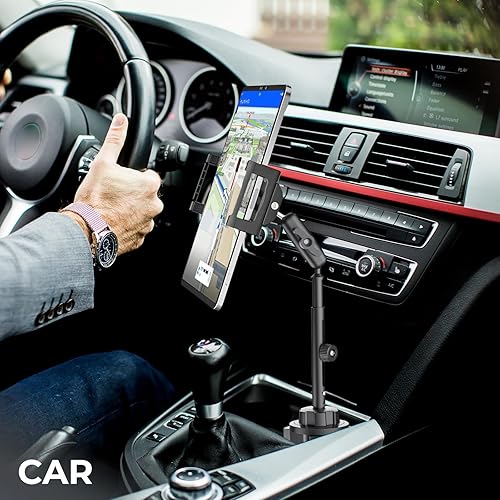 Miniatura 6 de Soporte para tablet de automóvil, altura ajustable, brazo largo de metal, rotación de 360, soporte de tableta para camión golf, funda de grosor de