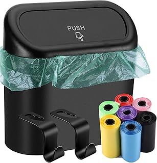 Car Trash Can Bin with Lid, Mini Leakproof Car Hook Garbage Can, Small Vehicle Trash Bin with 2Pcs Car Headrest Hooks and 45 Additional Car Trash Bags Universal Dustbin Organizer for Car Office Home