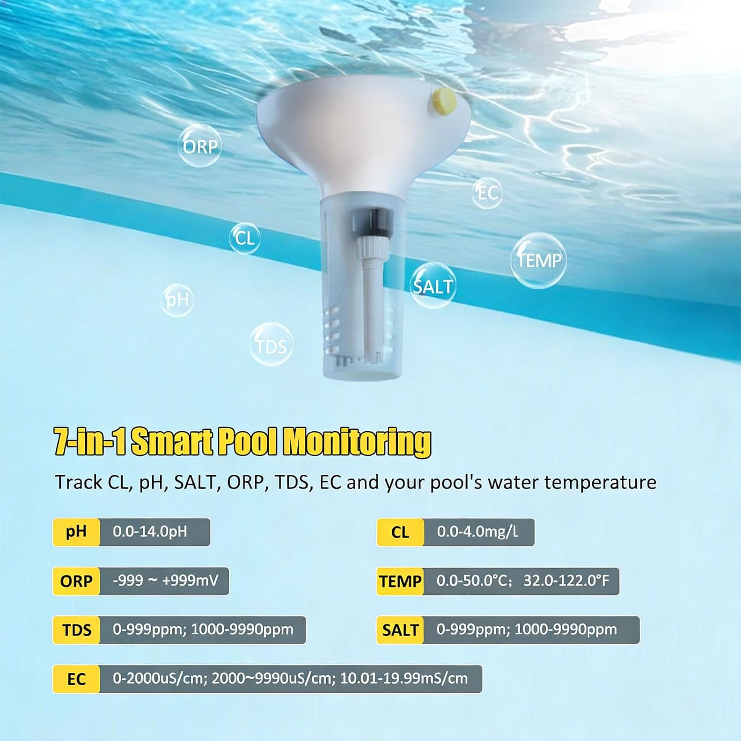 7 in 1 Digital Pool Salt Tester, WiFi Water Tester for pH Salinity ORP EC TDS Temperature with Tuya App Support, for Saltwater Pool Hot Tub Aquarium