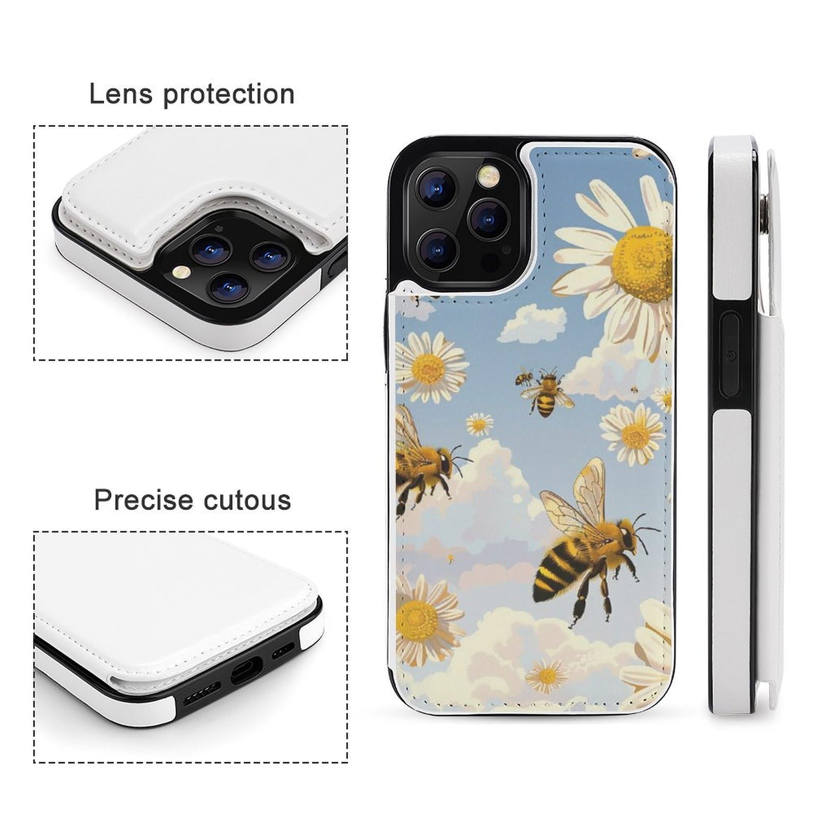 Fundas tipo cartera para iPhone 12 Pro Max, diseño de abejas voladoras con estampado de margaritas y miel, funda de piel con ranuras para tarjetas