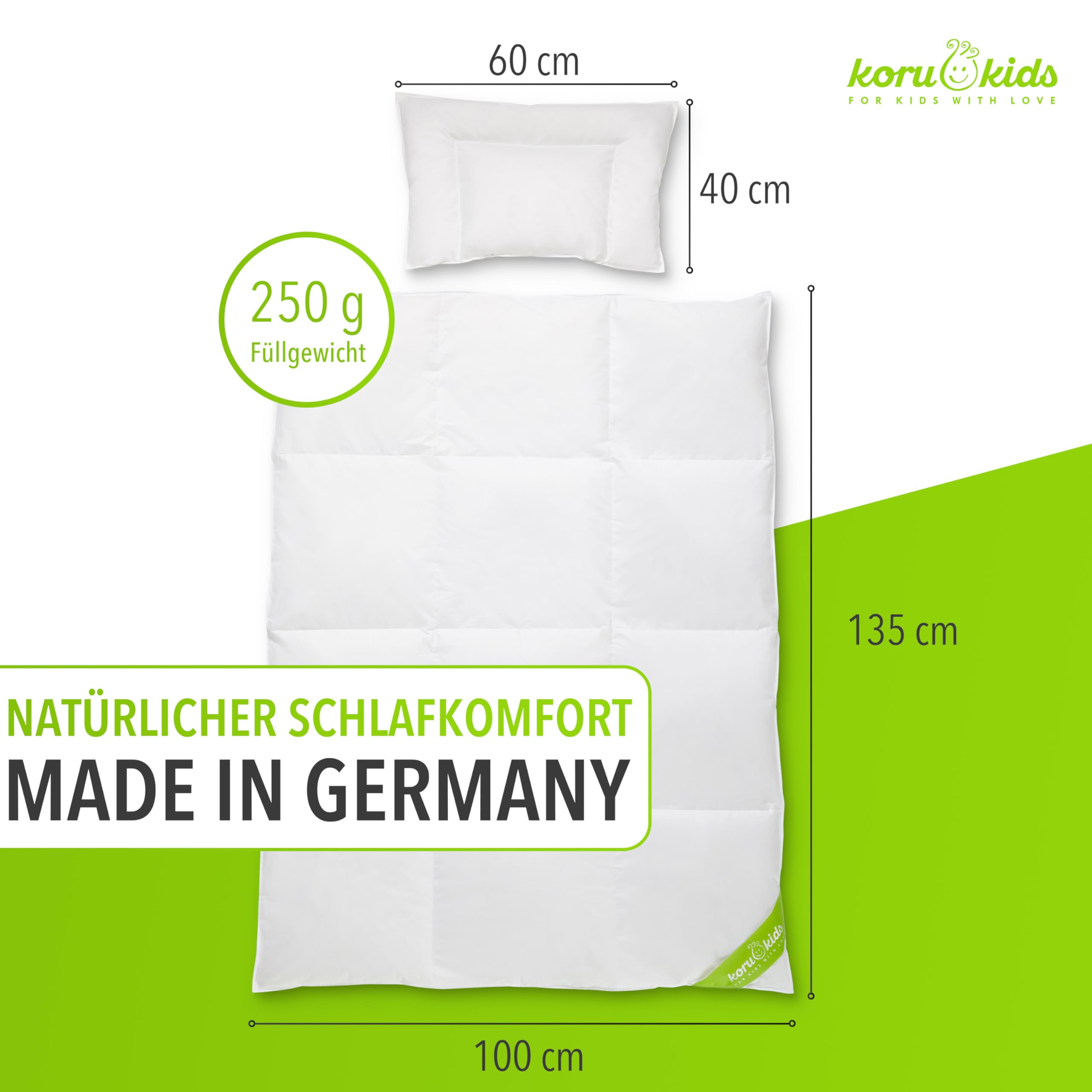 Koru Kids® Premium Kinder Bettdecken-Set - Set mit Pinguin Bettwäsche 100x135 + 40x60 cm - Daunendecke 100x135 cm mit Kissen 40x60 cm - 100% deutsche Daunen – Baby Bettdecke - Kinderbettdecke