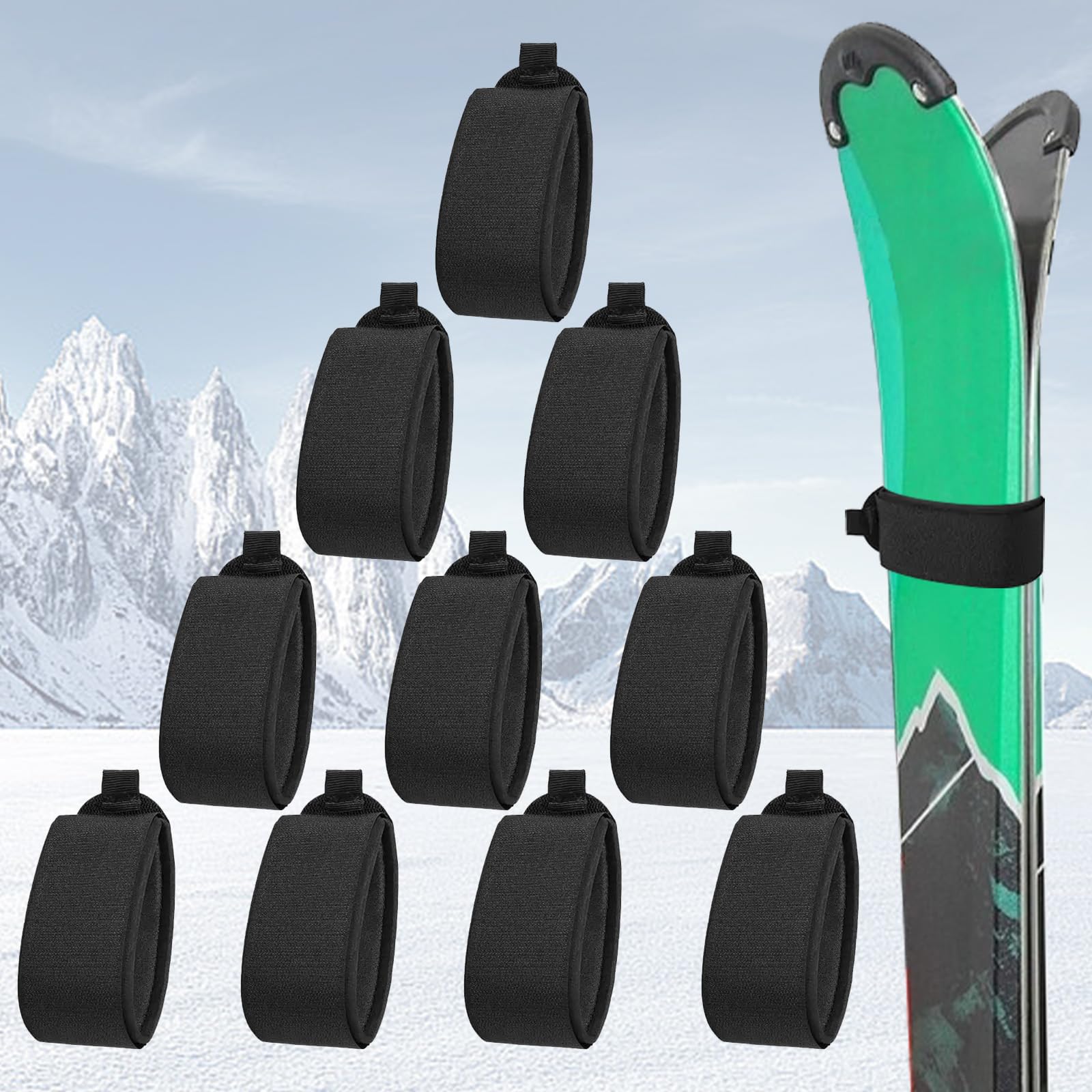 10 PCS Sangles Fixation Skis 5 * 48cm Sangle Ski Réglables Ruban Fixation Skis Fixations de Ski Autocollantes Sangle Porte Ski Fixation Ski pour Skis Luges, Noir