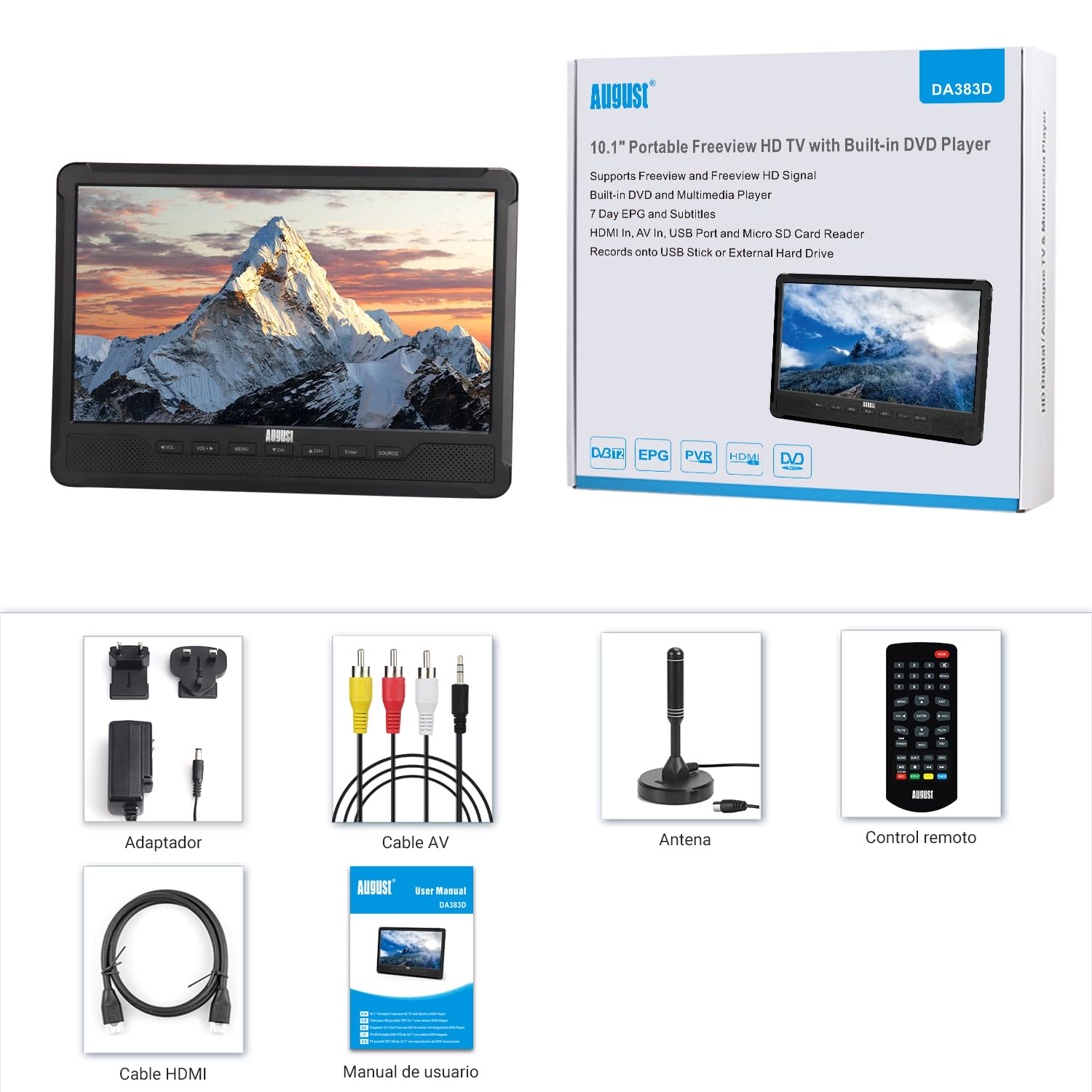 August DA383 Television Portatil 10 Pulgadas con Reproductor DVD Integrado, DVB-T2 HD Mini TV con TDT Batería Recargable,CD/DVD/USB/Tarjeta SD,HDMI, AV-Aux out Viajes Caravana y Casa